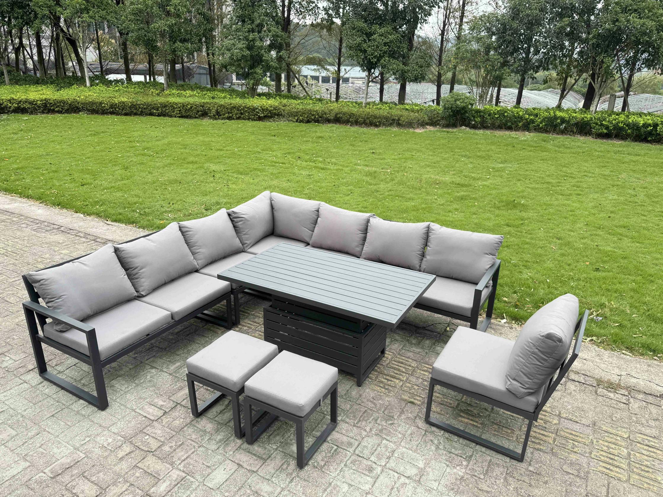Fimous Dark/Grey 9 Seater Aluminium Garden Furniture Set With Adjustable Rising Dining Table, 2 Footstools