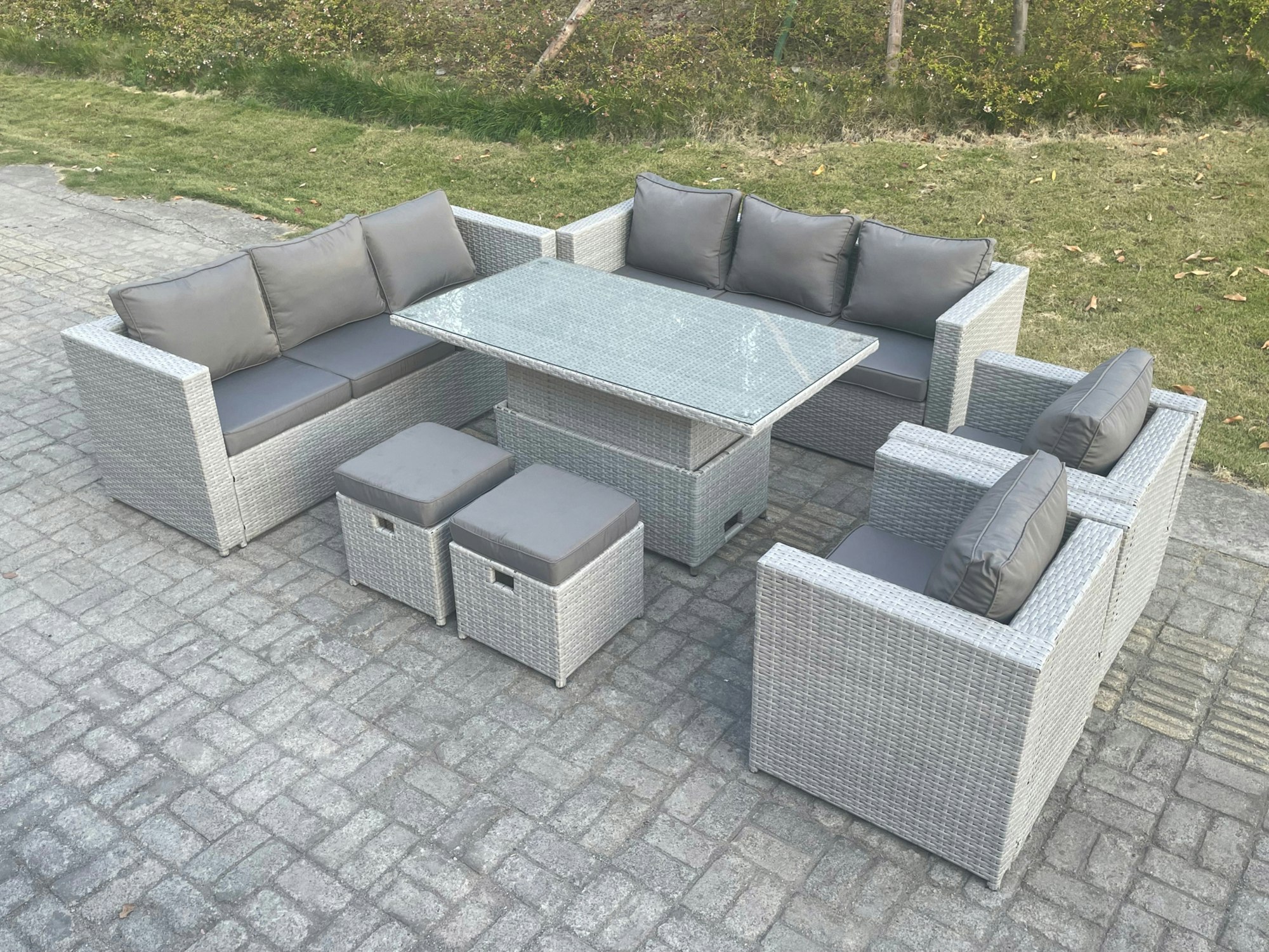Fimous Light/Grey/Dark Rattan Garden Funiture Set Adjustable Rising Lifting Table Sofa Dining Set Lounge Sofa 2 Arm Chair Stool