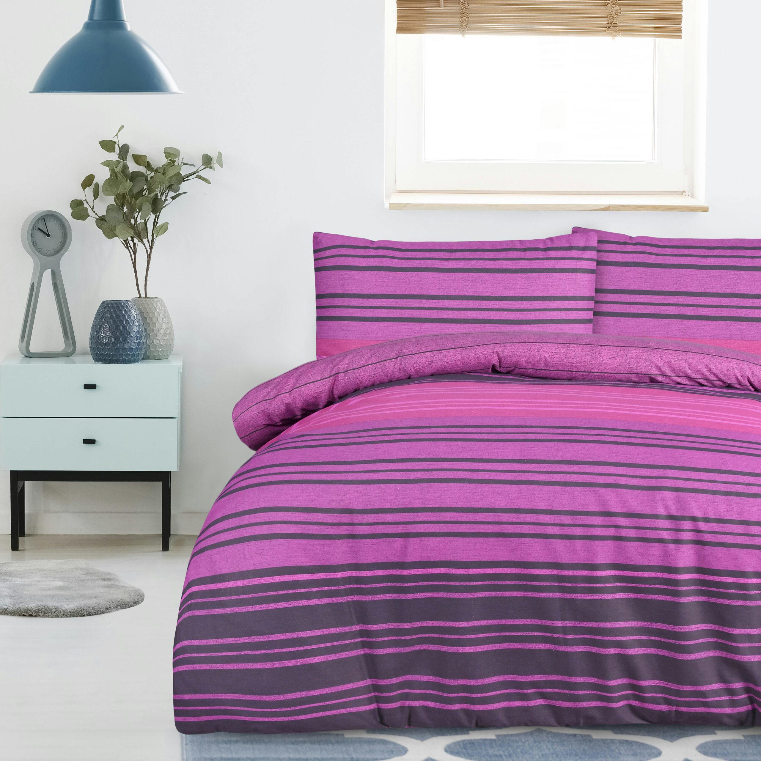 Smart Living Purple Reversible Polycotton Textured Stripe Duvet Cover And Pillowcase Set - Single (135Cm X 200Cm)
