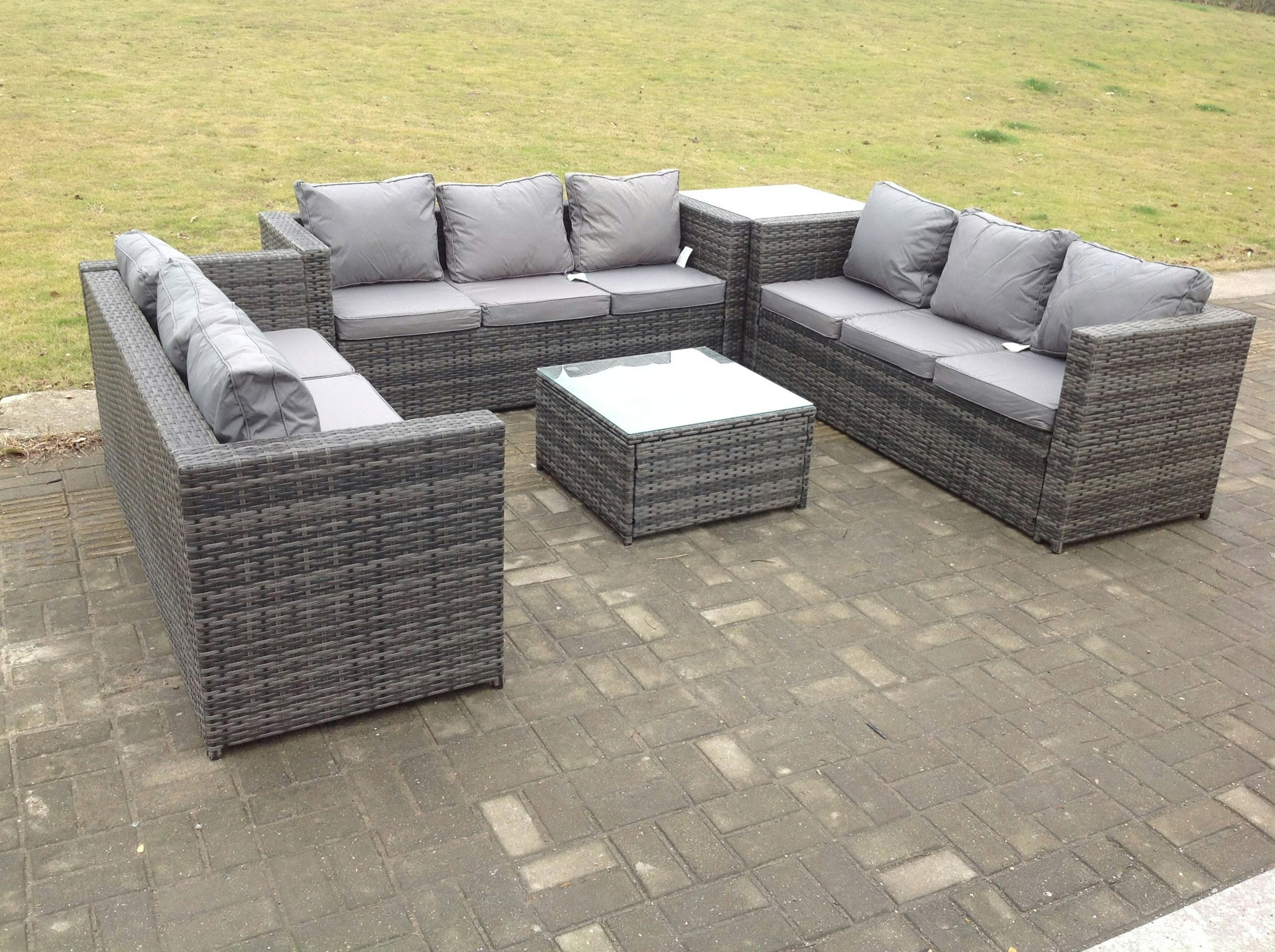Rackhams Dark/Grey 9 Seater U Shape Rattan Garden Furniture Set Patio Outdoor Lounge Sofa With Footstool Mixed