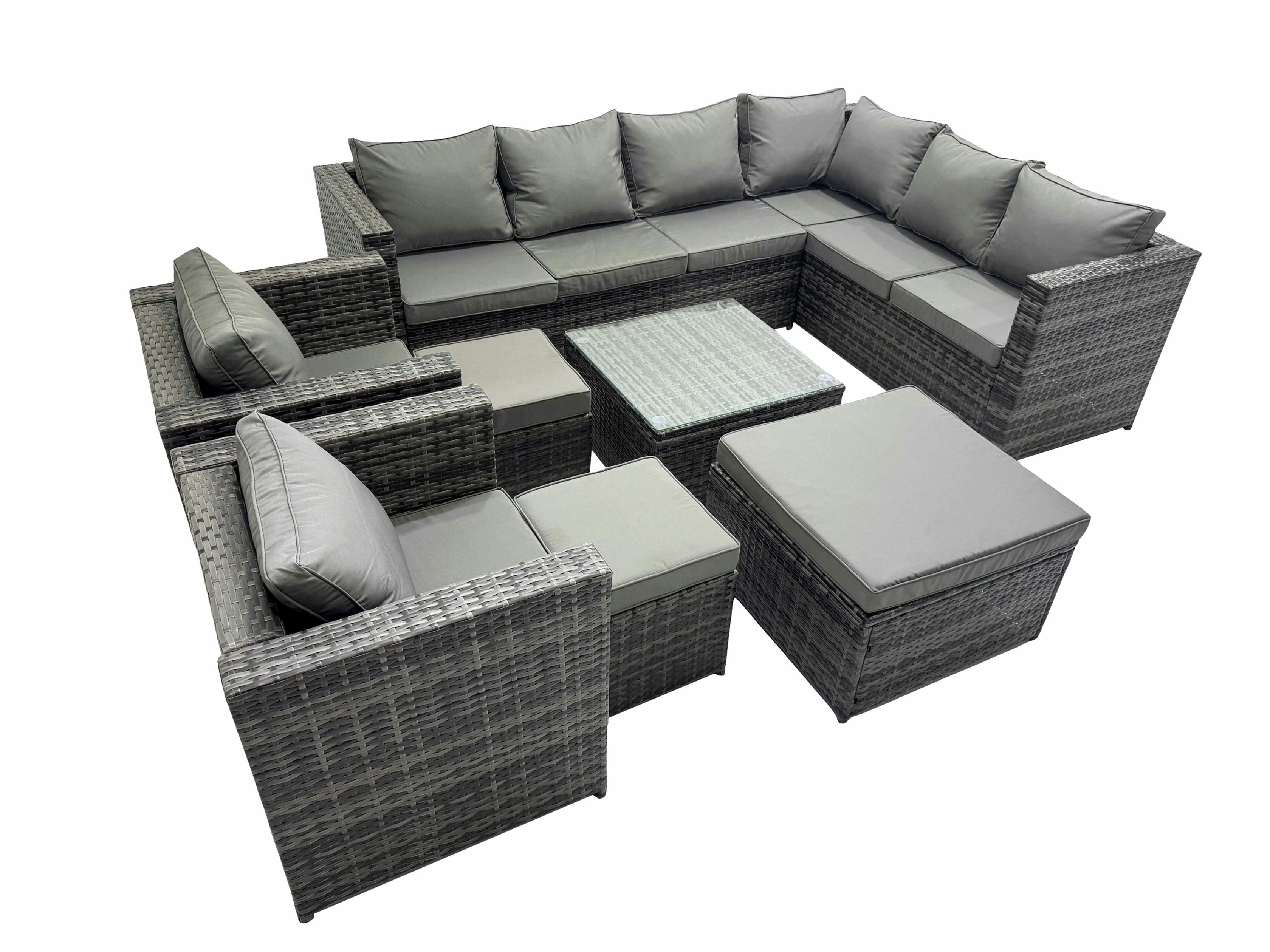 Fimous Dark/Grey Outdoor Pe Rattan Garden Furniture Sofa Set With Square Coffee Table 3 Stools 2 Chair