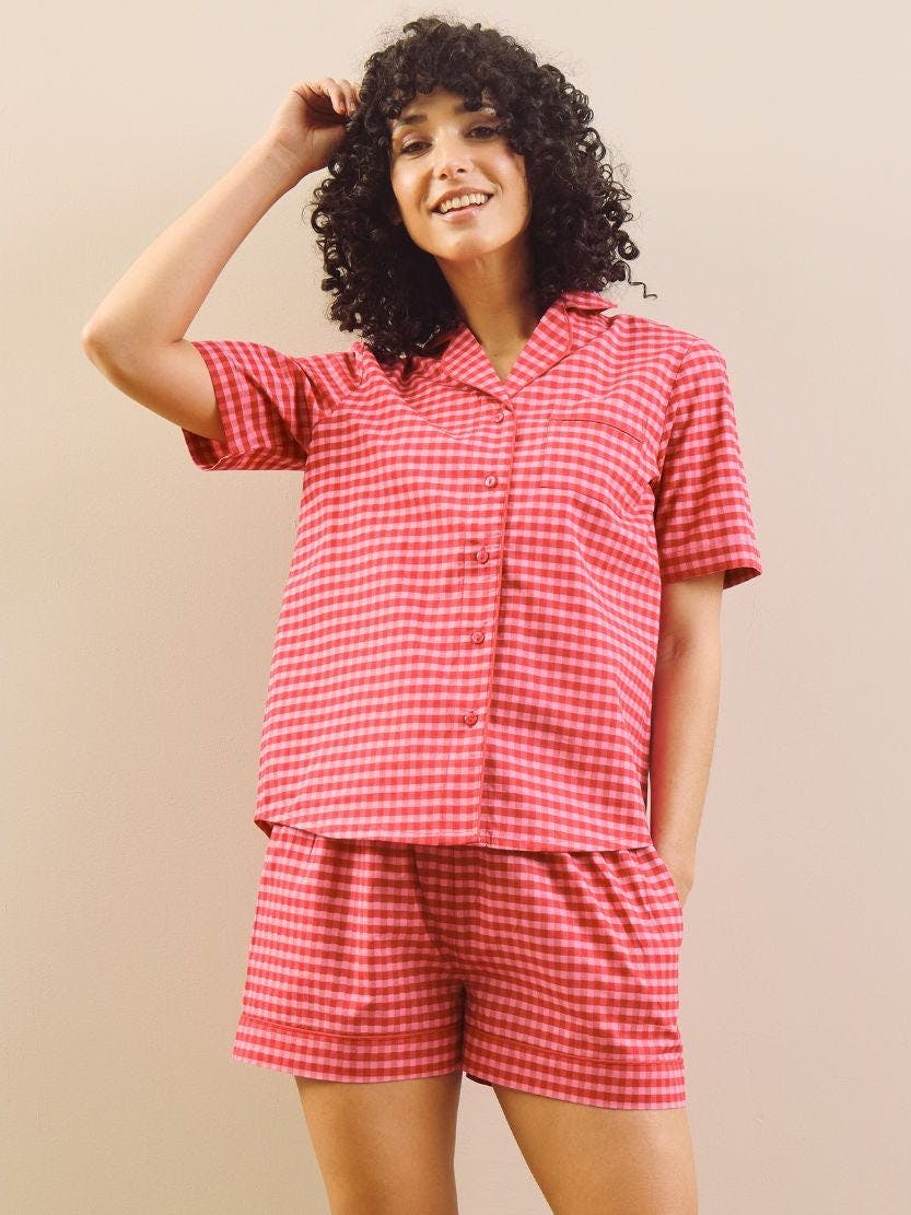 Their Nibs Women's Pink Cotton Shortie Pyjamas Gingham - Xxl / 20-22