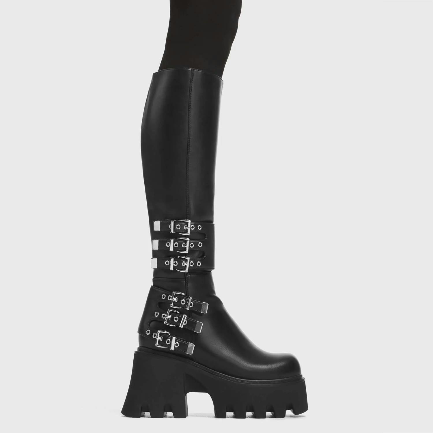 Lamoda Women's Black My Prince ’S Knee High Pu Boots With Skull Accent Design - Uk4