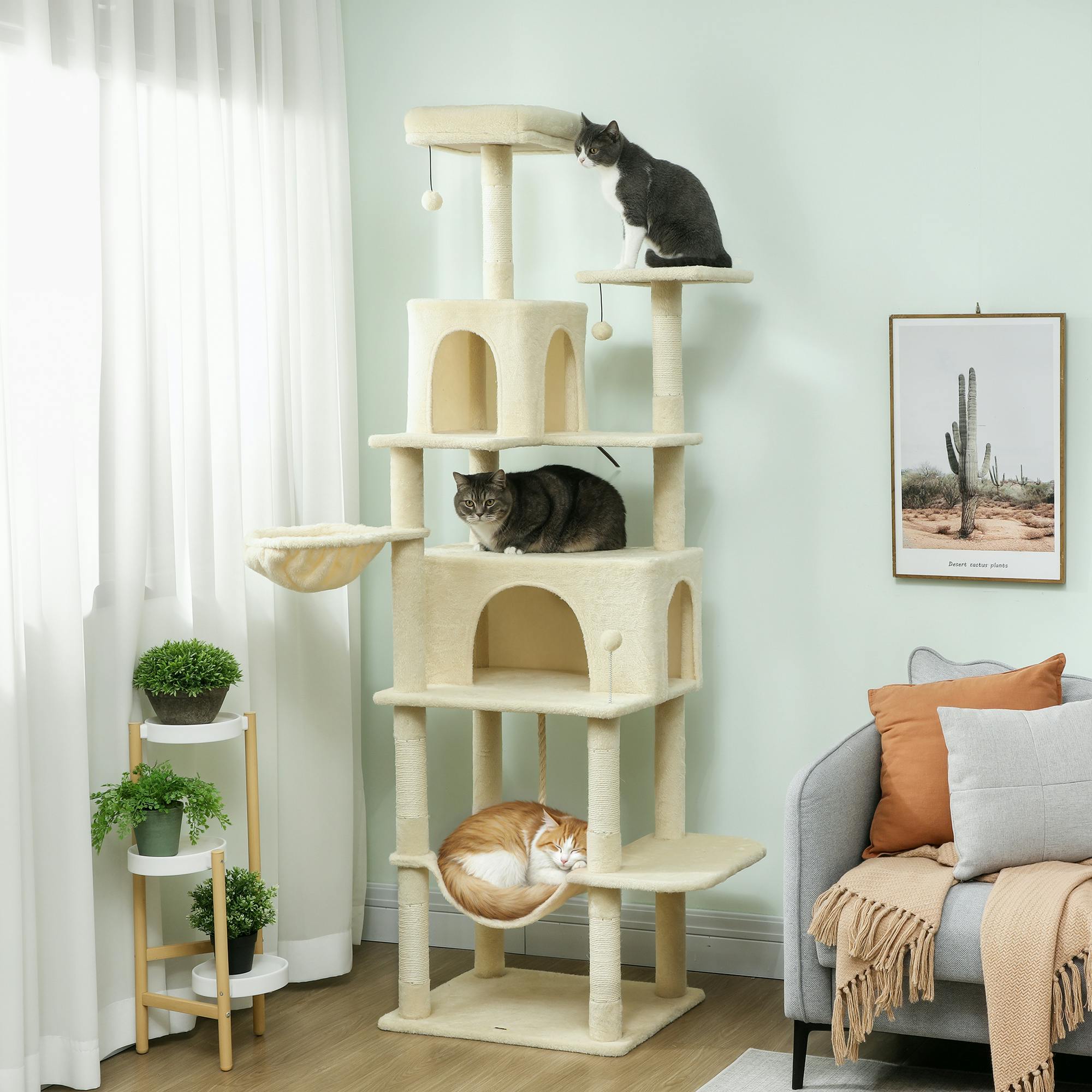 Pawhut Beige Cat Tree, 202Cm Cat Tower With Condos, Hammocks, Perches，