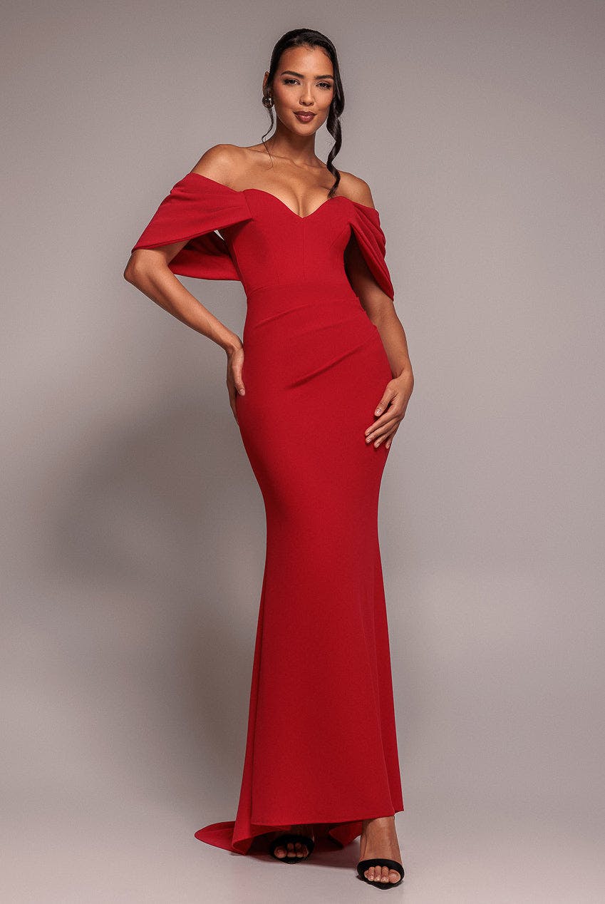 Goddiva Red Off The Shoulder Draped Sleeve Maxi Dress - By - 16