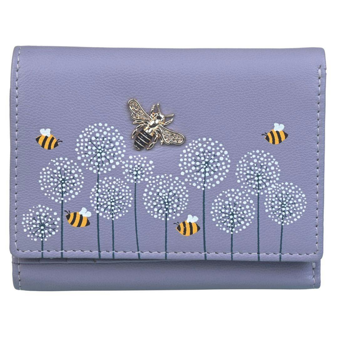 Mala Leather Grey Moonflower Compact Bee And Floral Leather Rfid Purse