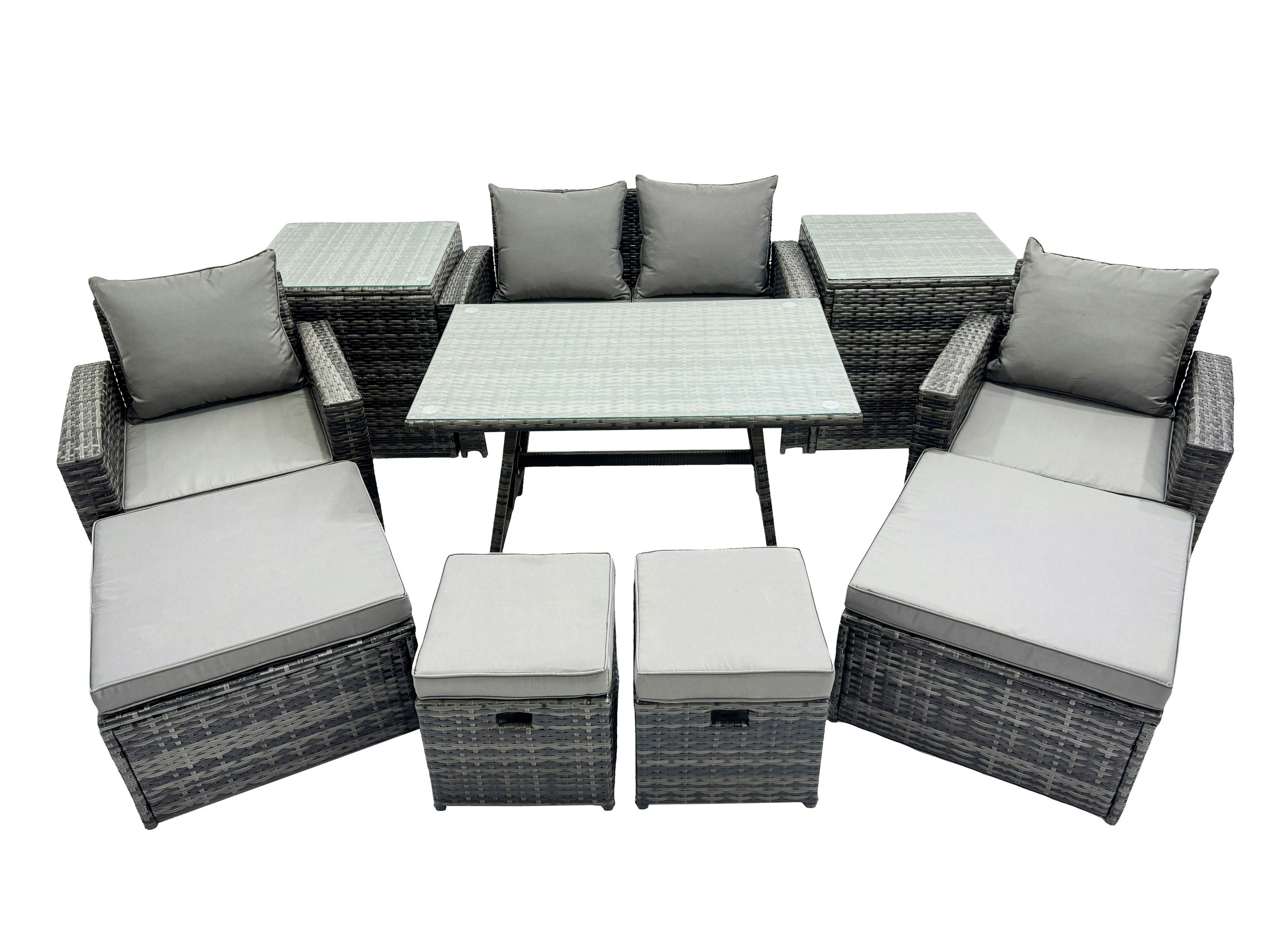 Fimous Dark/Grey 8 Seater Rattan Furniture Set With Dining Table, Sofa, 2 Side Tables, 2 Chairs & 4 Stools Sets