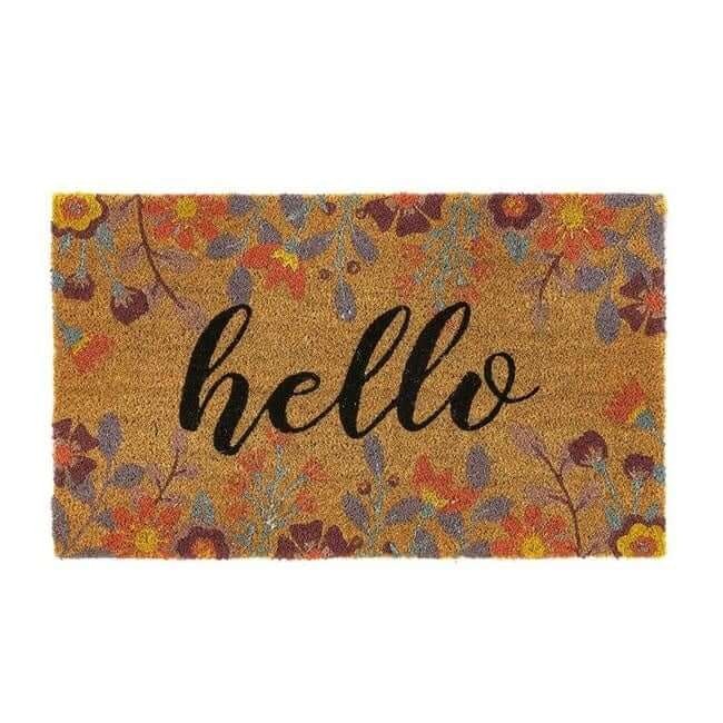 Rackhams Black Natural Floral Hello Coir Doormat 45X75 Cm
