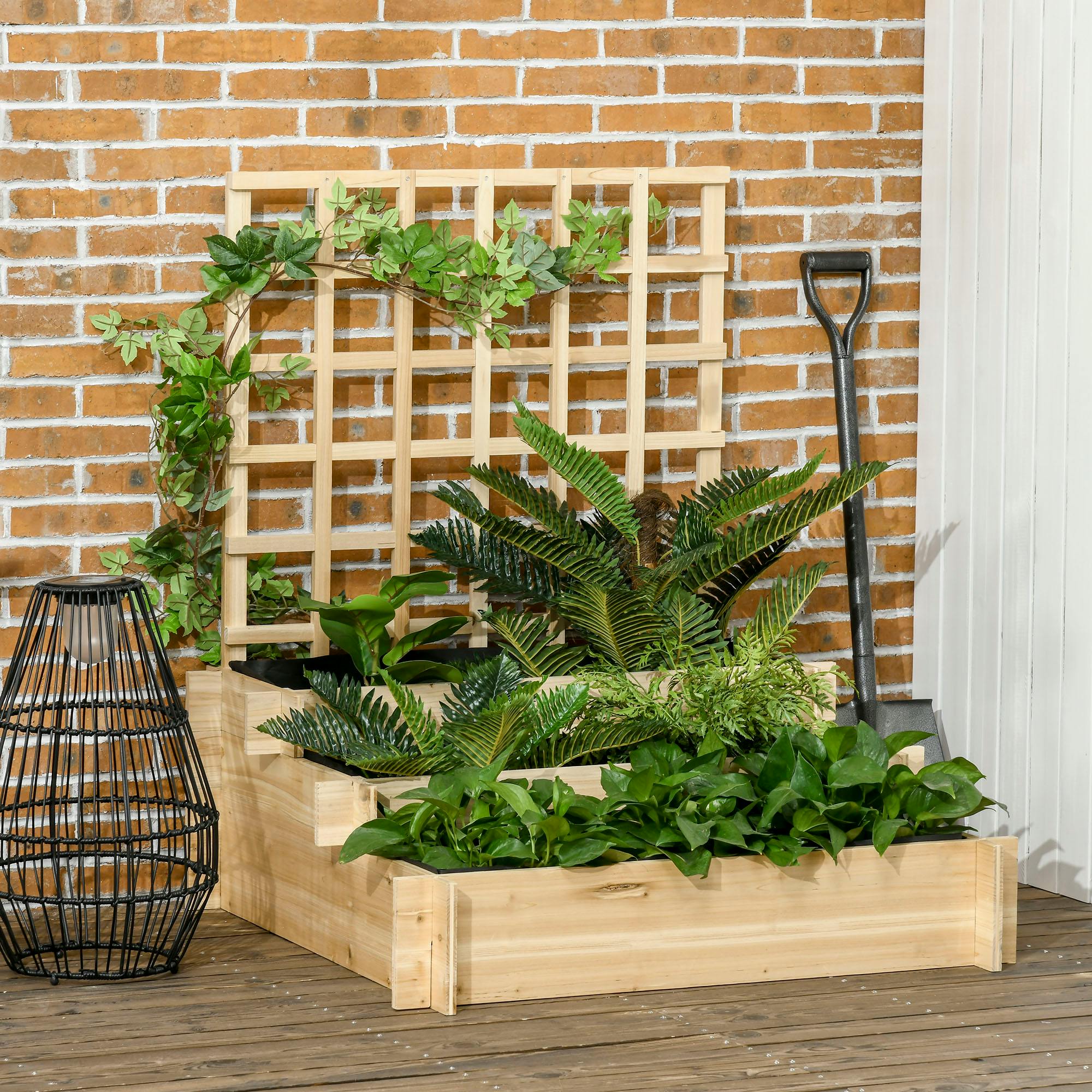 Rackhams 3 Tier Wooden Garden Planters With Trellis For Vine Climbing Plants - Natural Tone