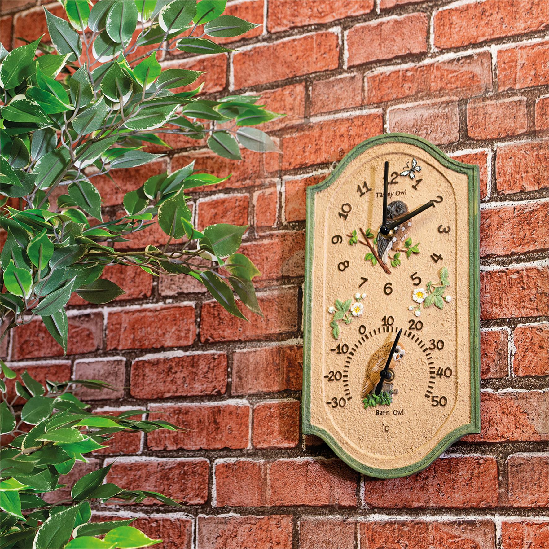 St Helens Outdoor Owl Design Clock And Thermometer