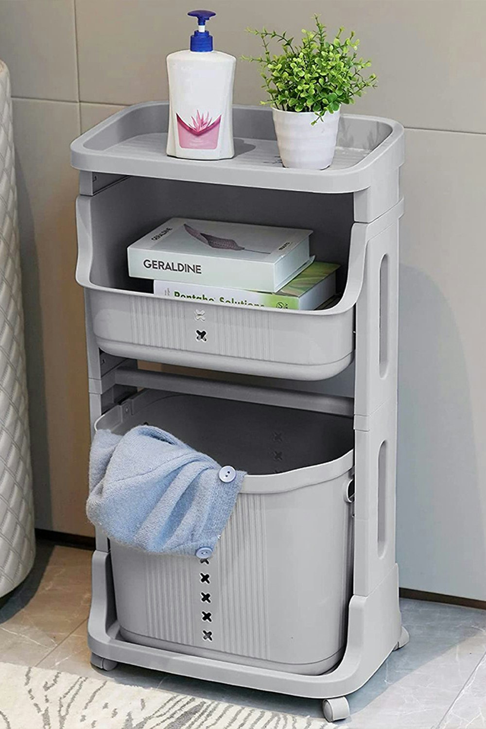 Rackhams Grey 3-Tier Detachable Laundry Basket Fruit Vegetable Storage Rack Kitchen Trolley Cart With Wheels