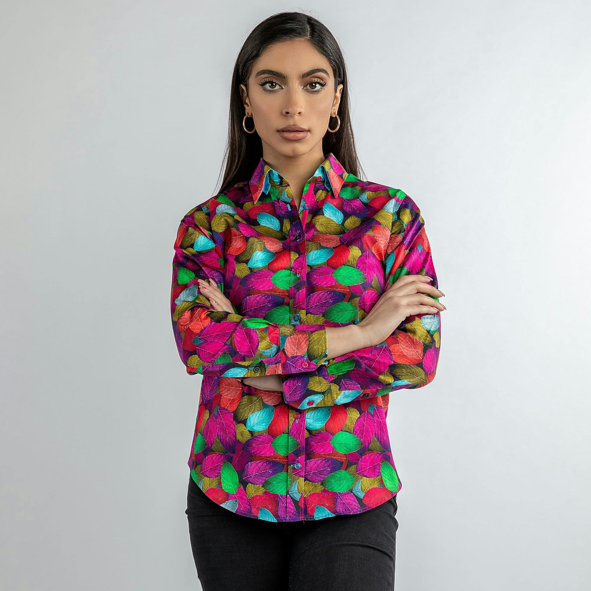 Claudio Lugli Women's Fuchsia Multicolour Leaves Shirt Print Shirt - 10.0