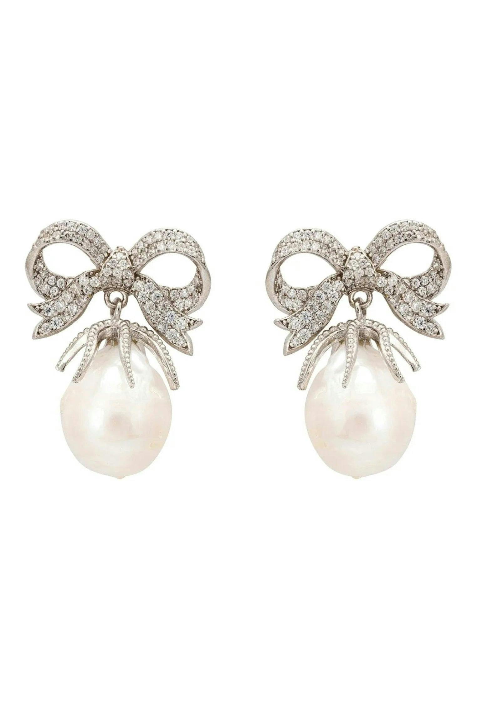 Latelita Silver Baroque Pearl Ribbon And Bows Drop Earrings