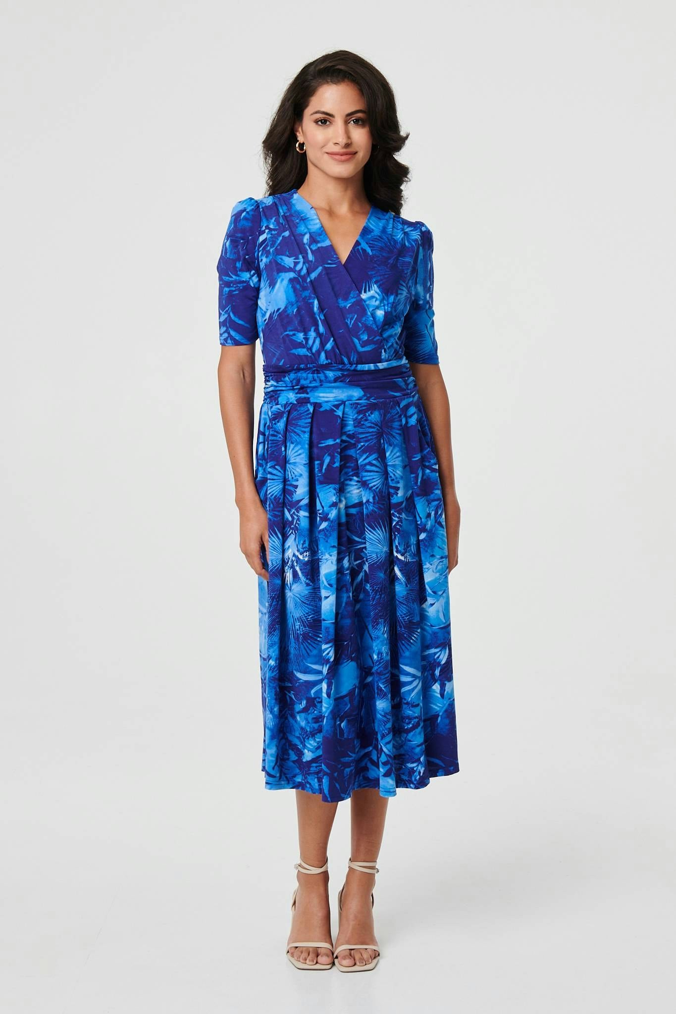 Izabel London Blue Printed 1/2 Sleeve Wrap Midi Dress - 8