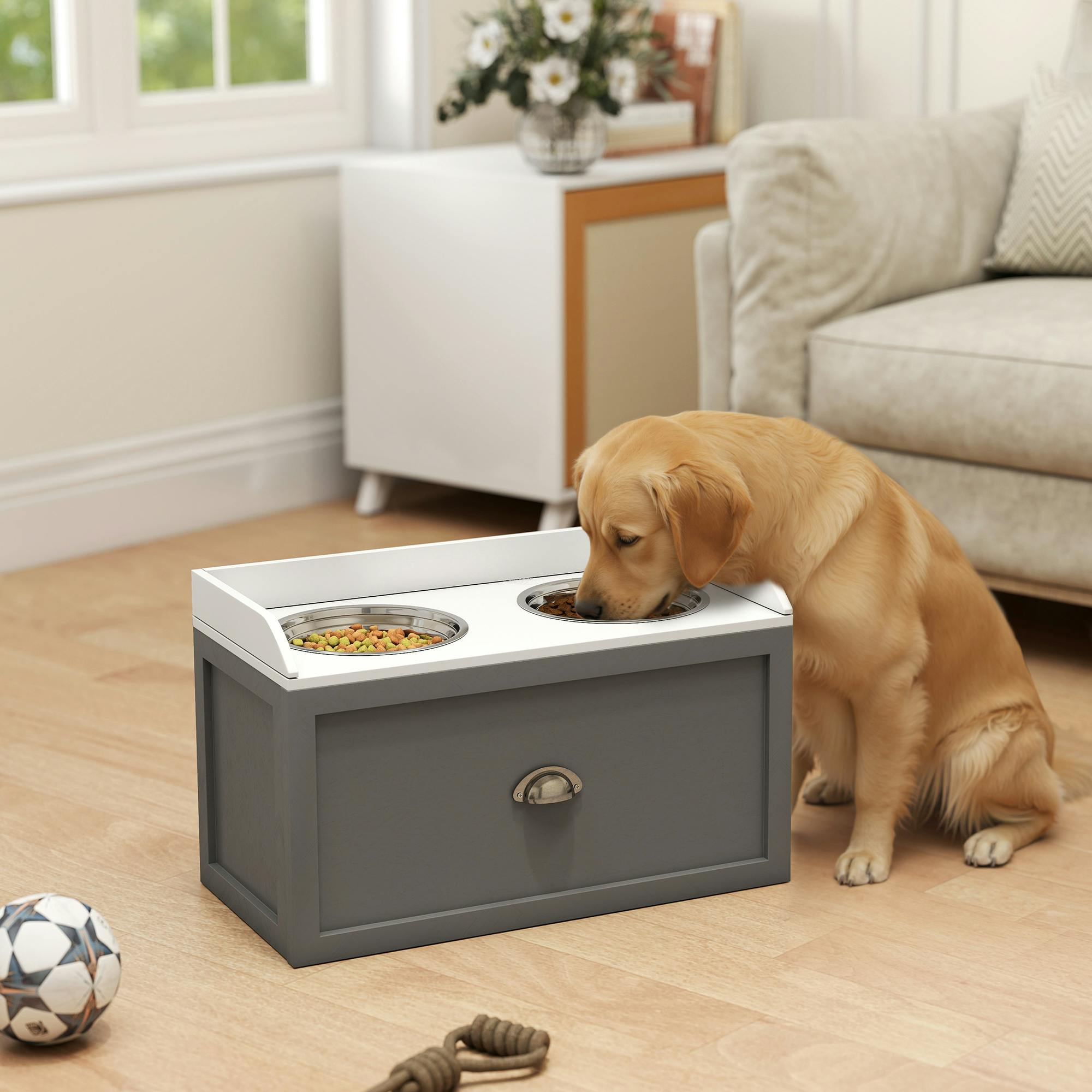 Pawhut Grey Stainless Steel Raised Dog Bowl W/ 21L Storage Drawer, For Large Dogs