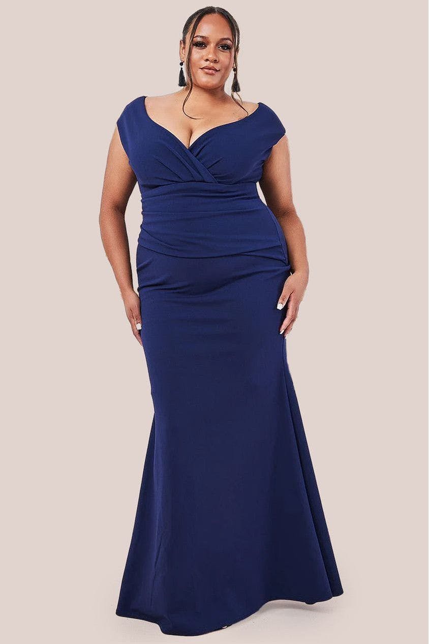 Goddiva Plus Bardot Pleated Maxi Dress - Navy By - Navy - 22