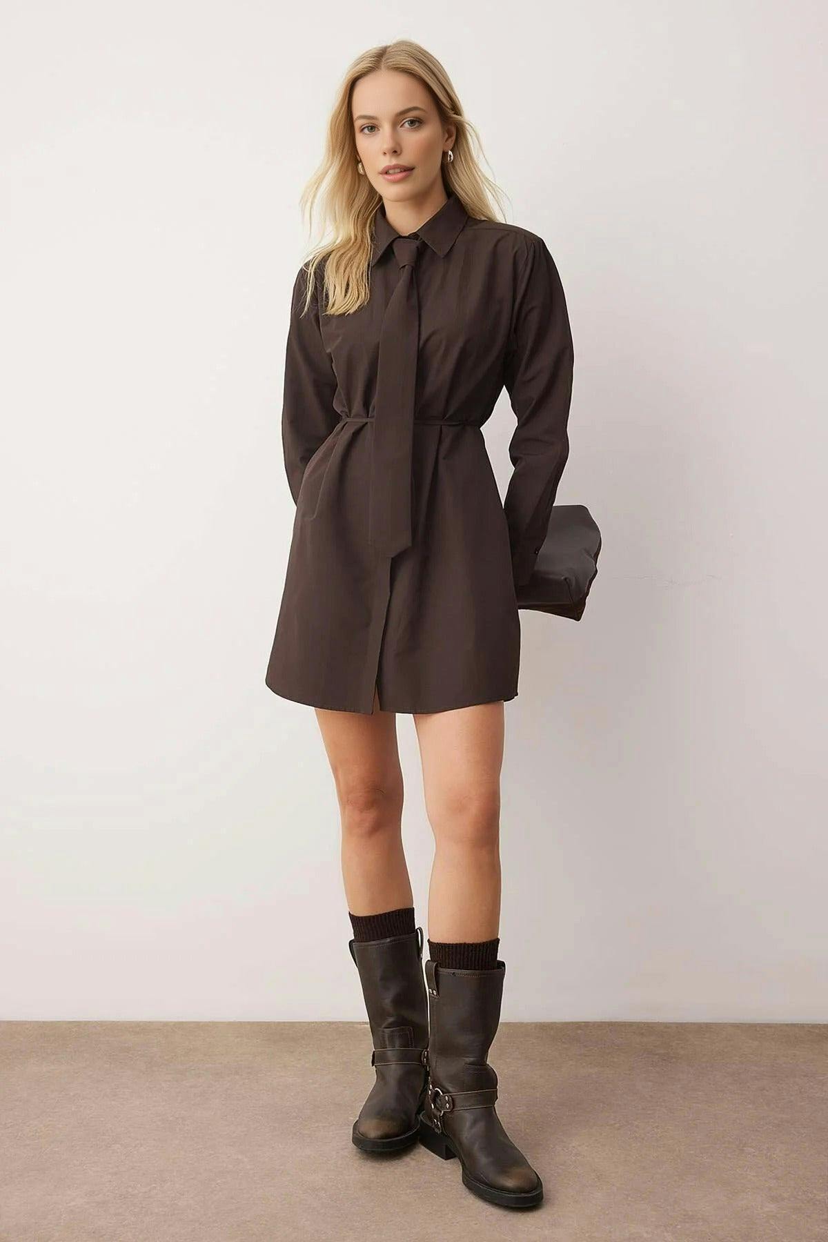 Wovcor Brown Mini Woven Dress With Tie Detail - 14