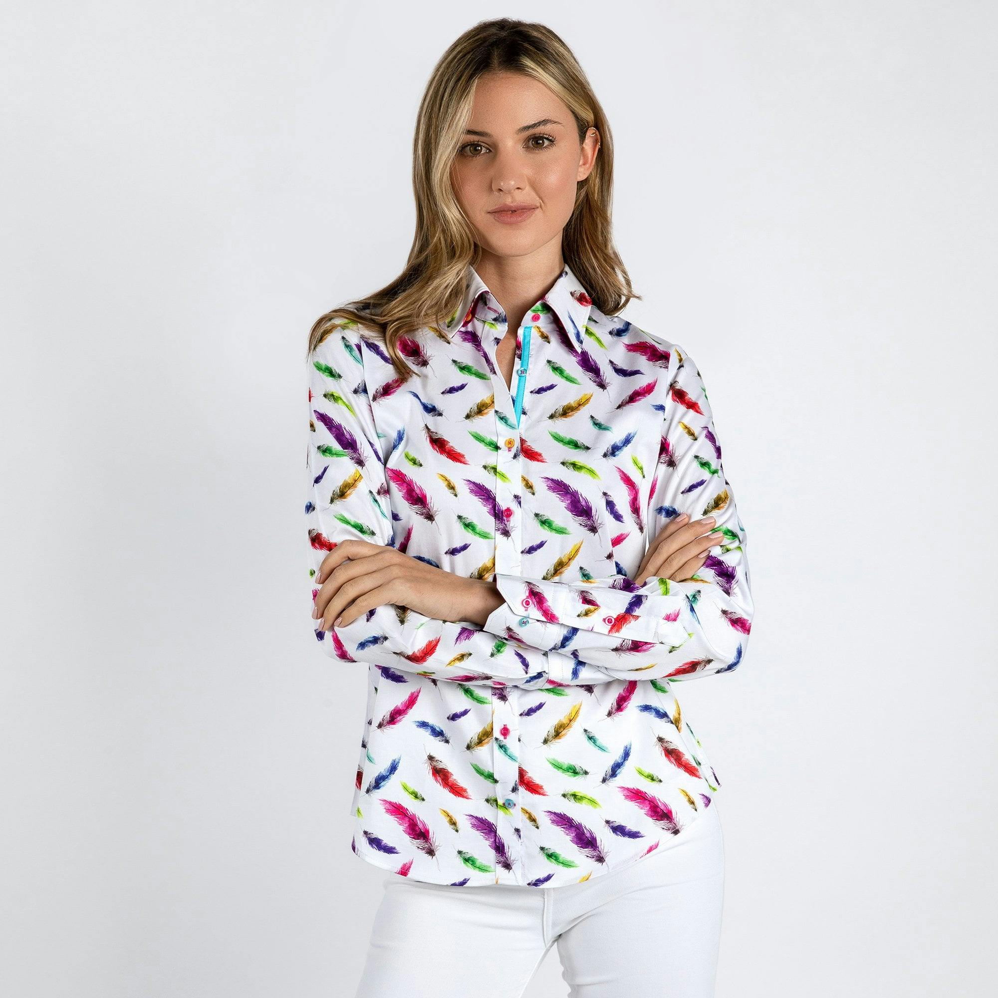 Claudio Lugli Women's White Multicolour Feathers Print Shirt - 22.0