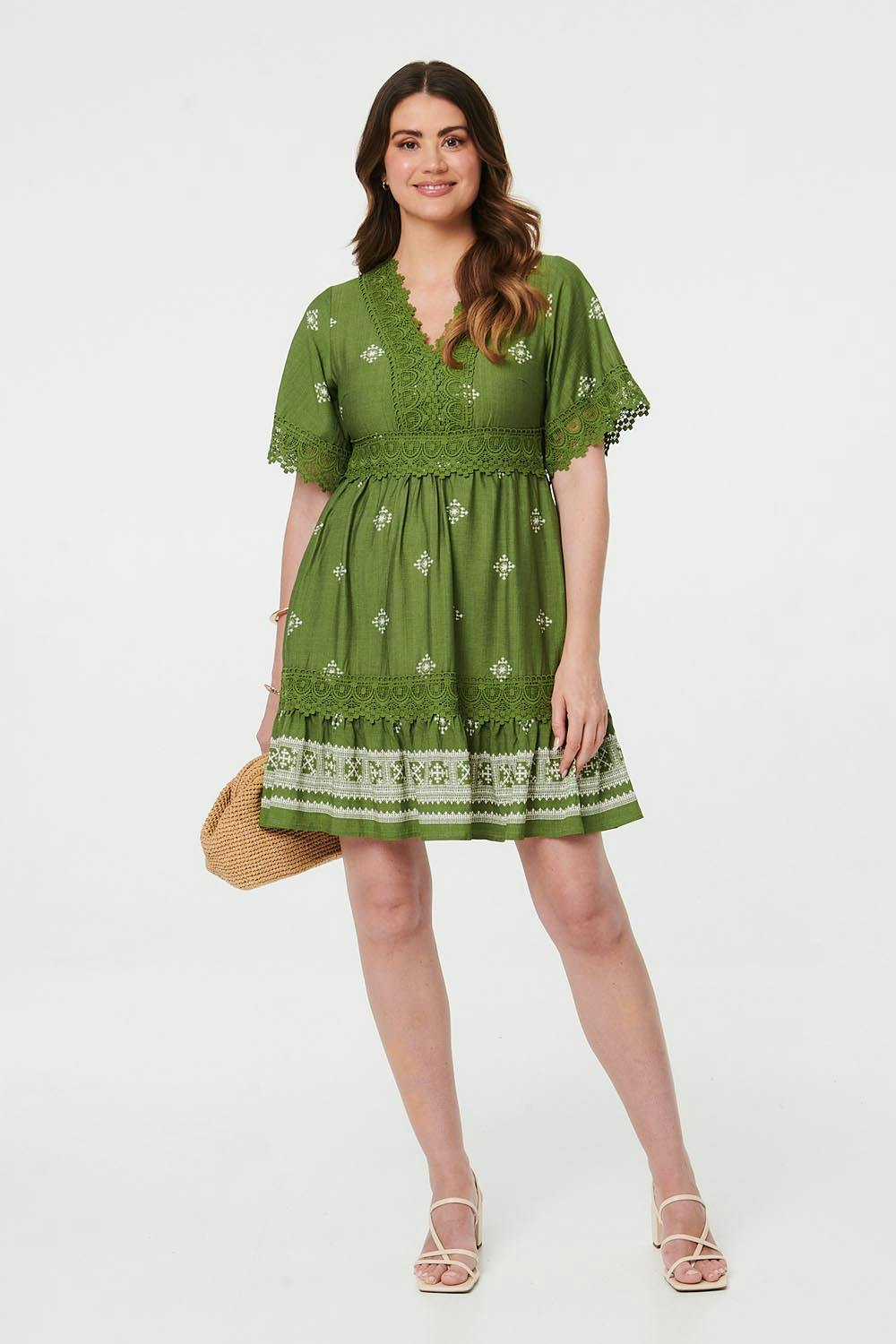 Izabel London Light Border Print Lace 1/2 Sleeve Short Dress - 16 - Sage