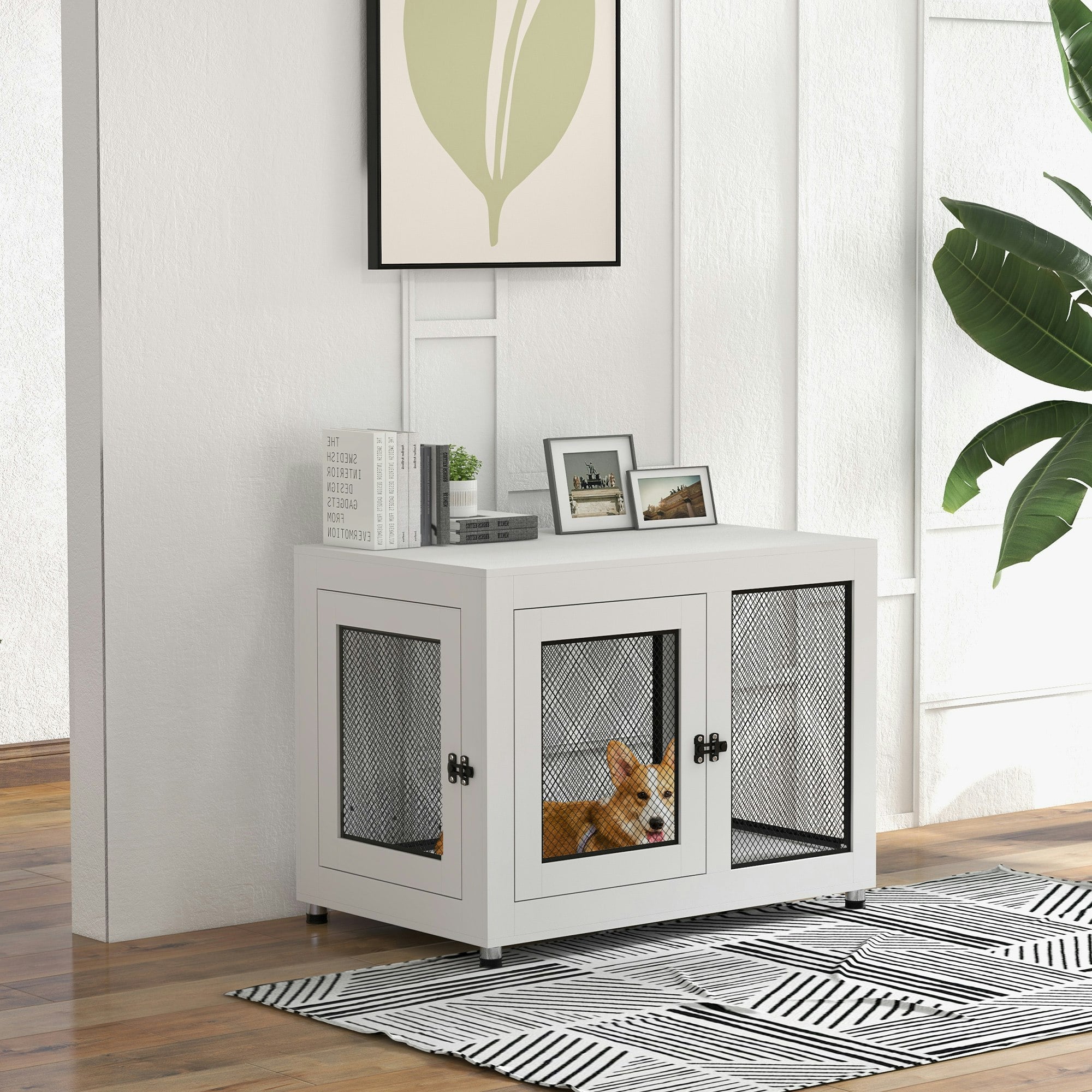 Pawhut White Pet Crate End Table W/ Soft Washable Cushion For Lage Medium Small Dogs