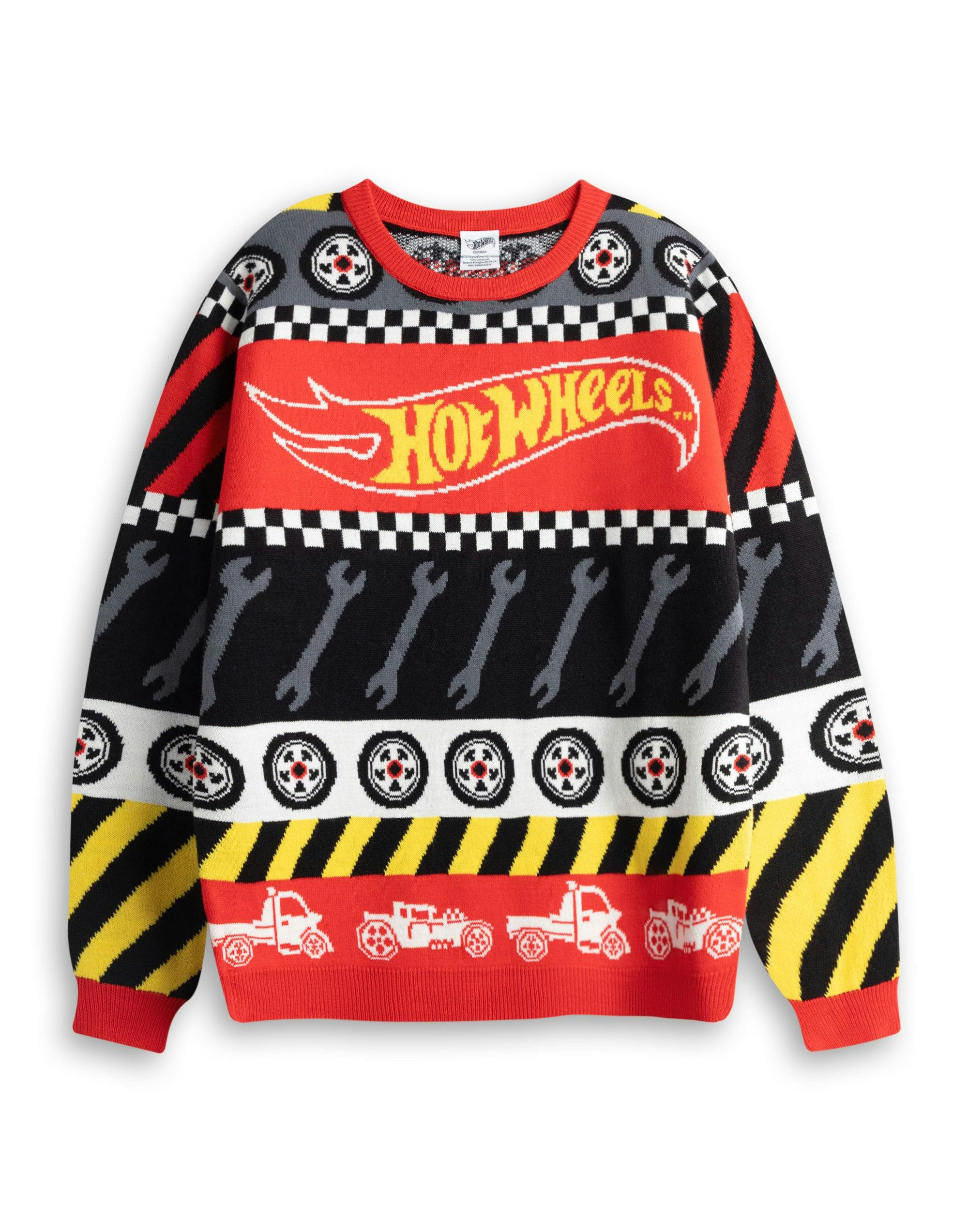 Vanilla Underground Boys Red/Black/Yellow Hot Wheels Multicolou Tyre & Spanner Fairisle Christmas Jumper - 7-8 Years