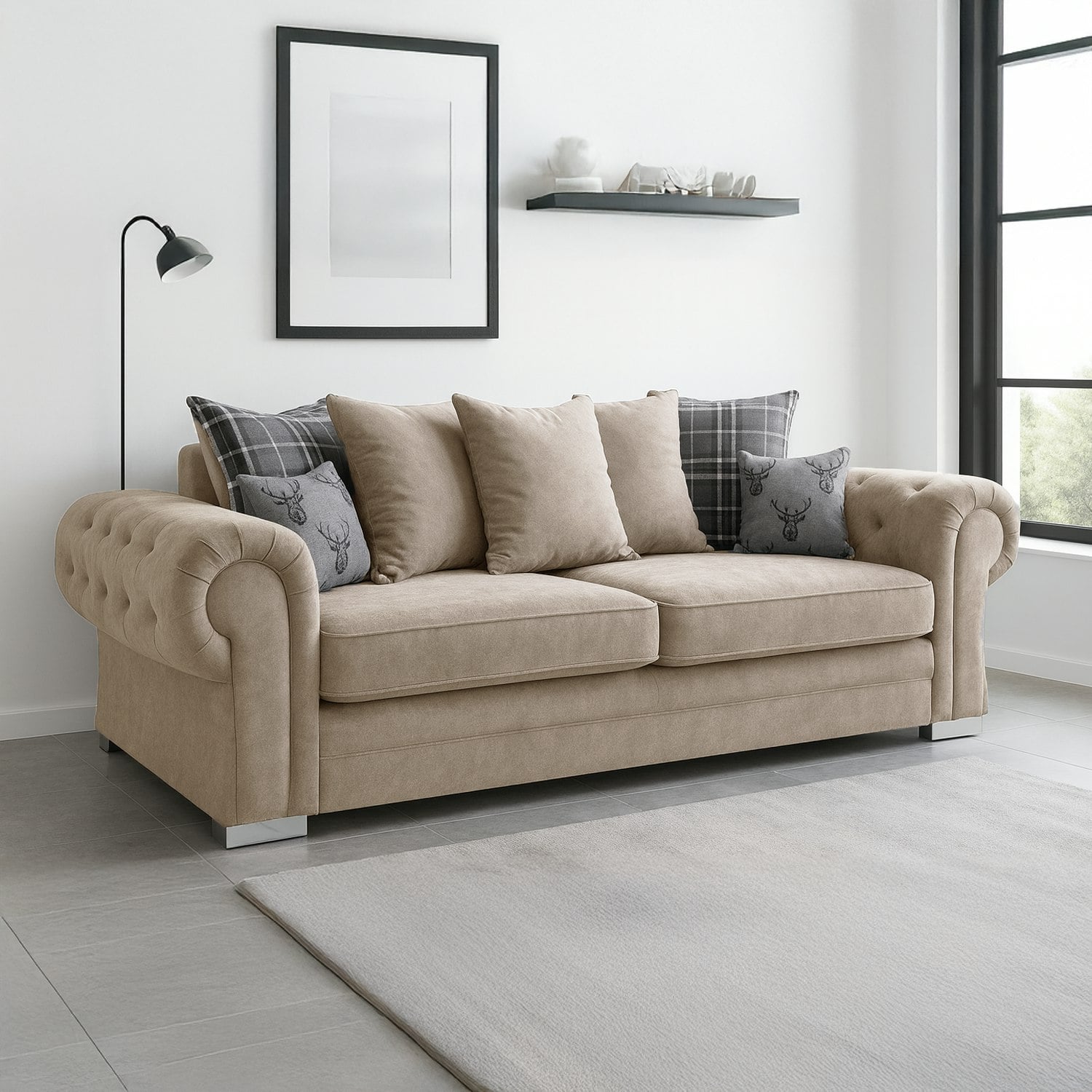 Furnishings For Less Black/Grey Milan Chesterfield Fabric 3 Seater Sofa - Scatter Back - Mink