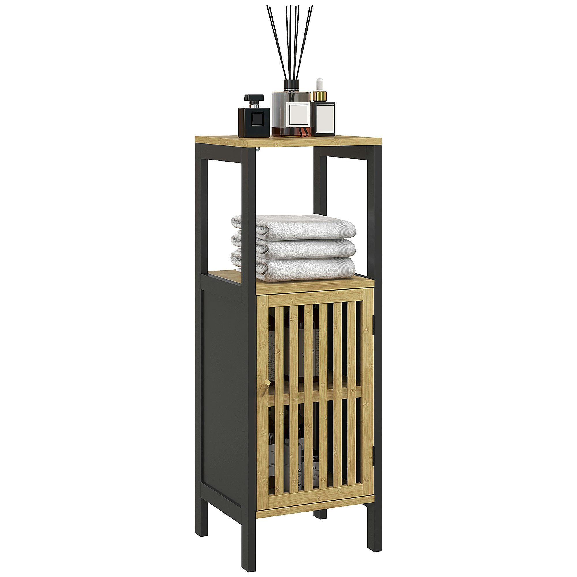 Homcom Black Bathroom Floor Cabinet Bamboo Bathroom Cupboard With Adjustable Shelf