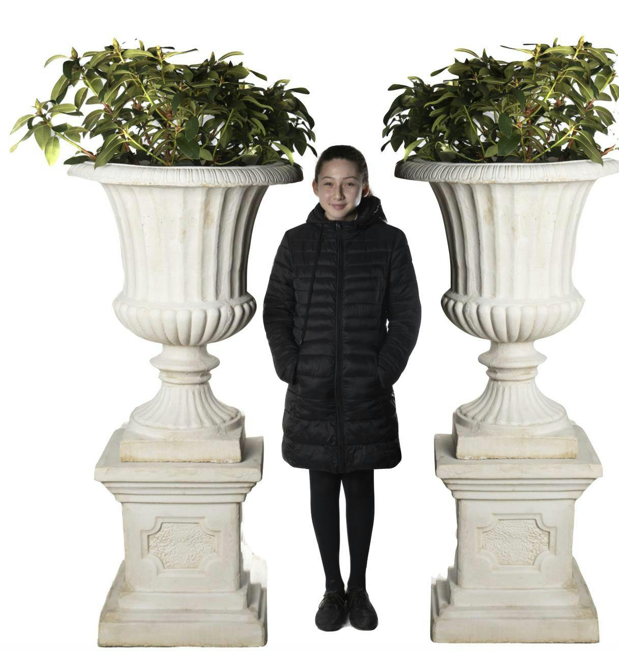 Rackhams White Pair Giant Fluted Stone Cast Vases On Plinths 154Cm Tall!