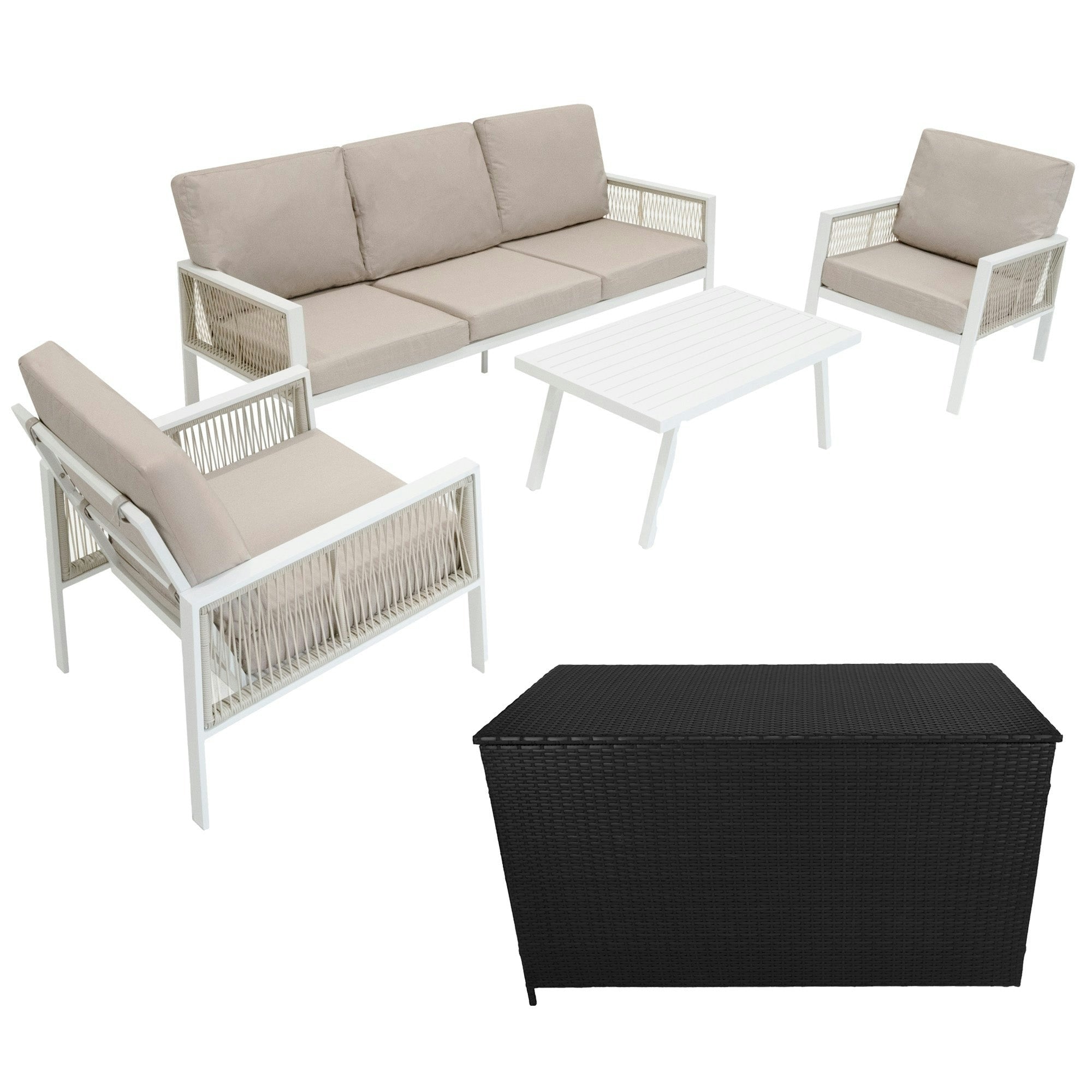 Rackhams Black/White Aluminium 4 Piece Sofa Set With Rattan Storage Box