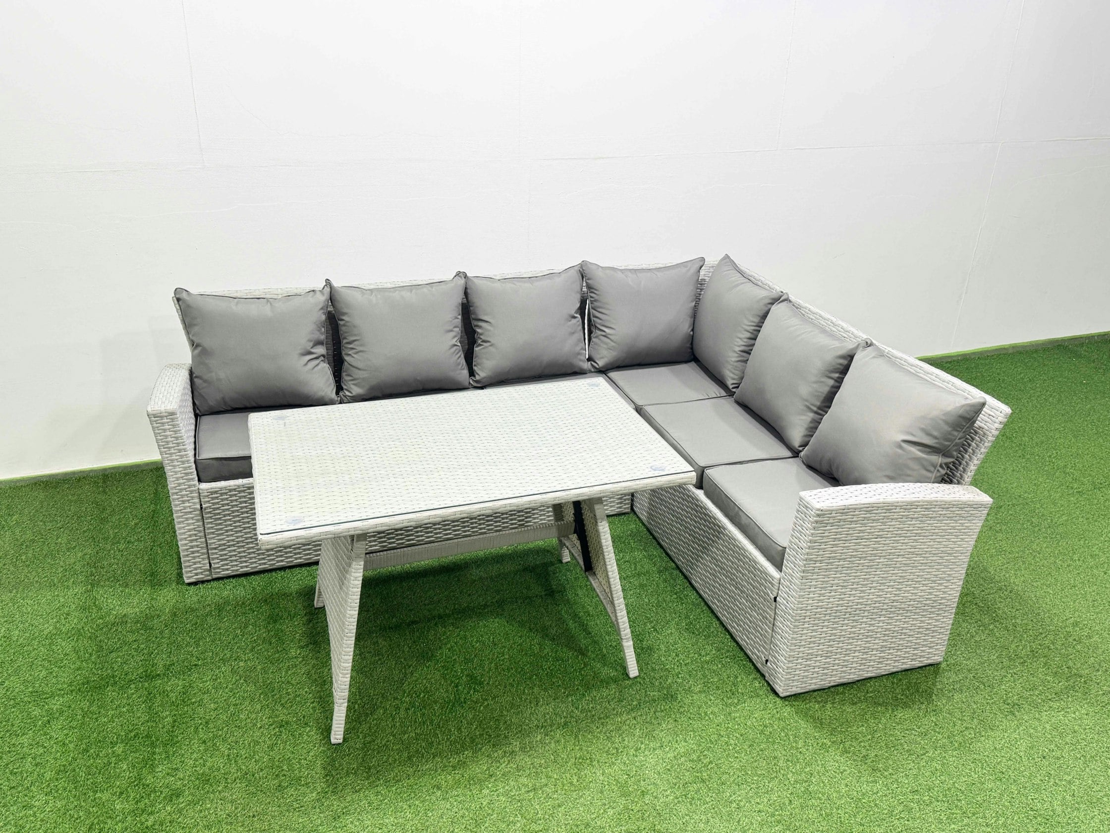Rackhams Light/Grey 6 Seater Garden Outdoor Rattan Furniture Set Rattan Corner Sofa Oblong Dining Table Set Mixed