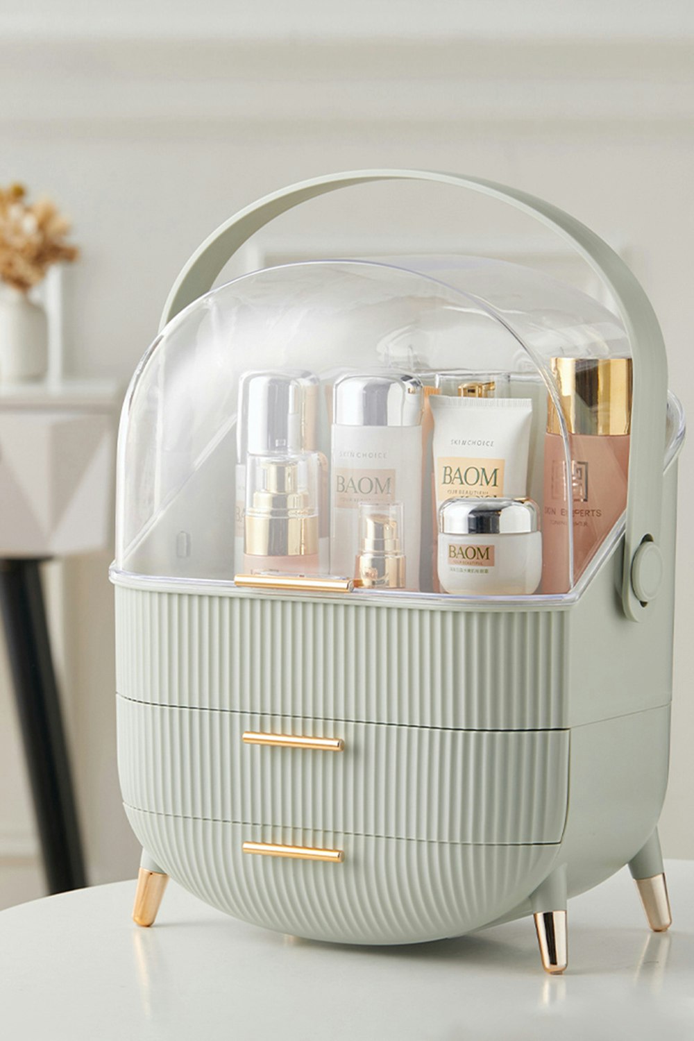 Living And Home Green Cosmetic Organizer Skincare Display Box With 2 Layers Of Storage Boxes And Transparent Lid