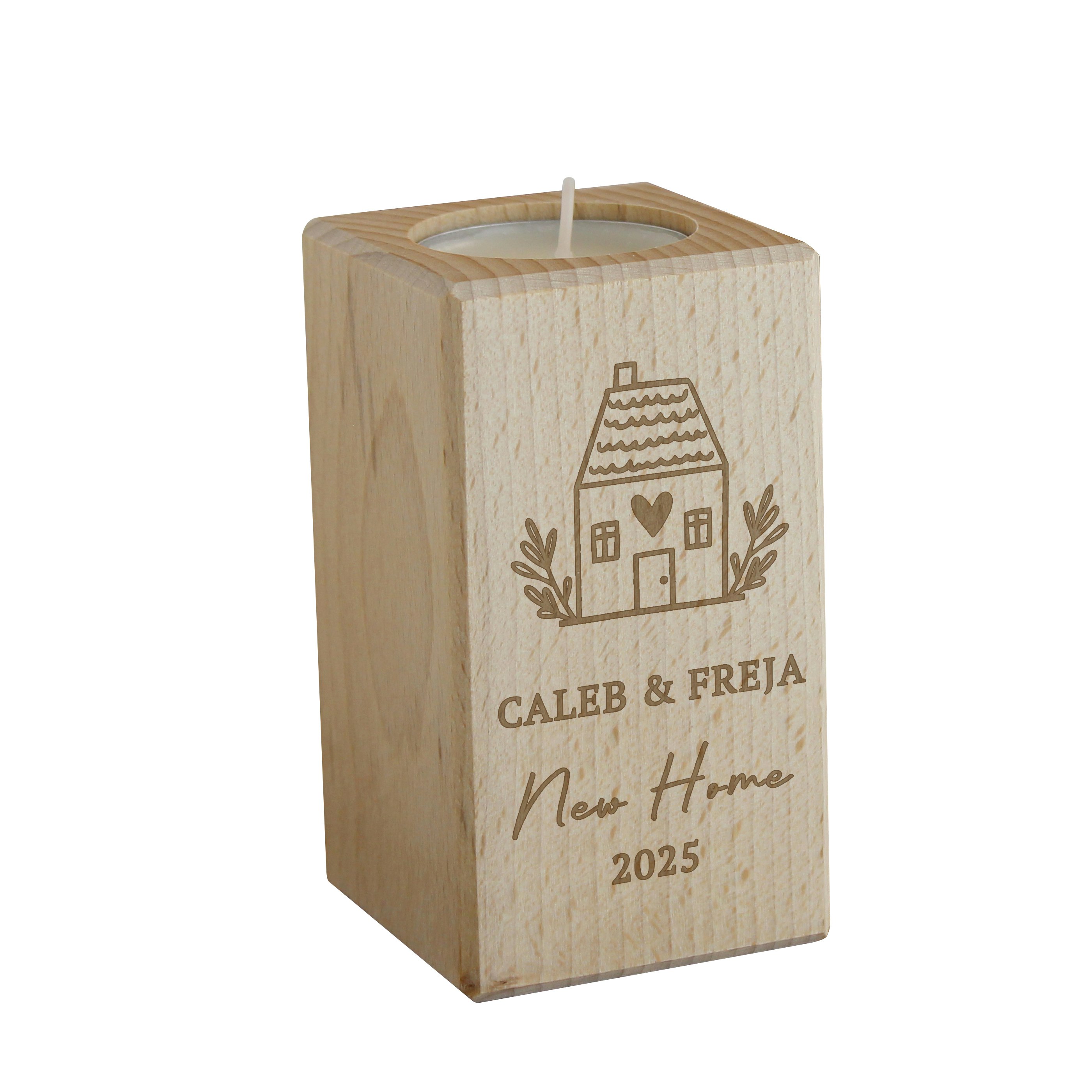 Rackhams Grain Personalised New Home Wooden Tealight Holder