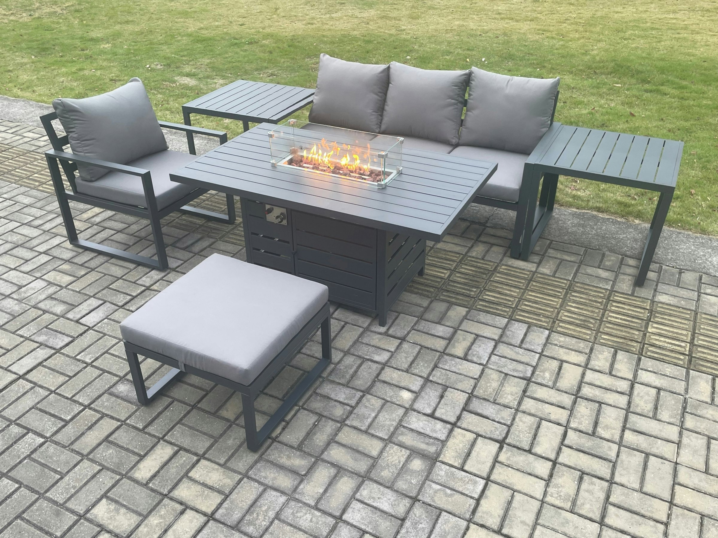 Fimous Dark/Grey Aluminium 6 Pieces Garden Furniture Sofa Set With Cushions Gas Fire Pit Dining Table Set With 2 Side Tables Big Footstool