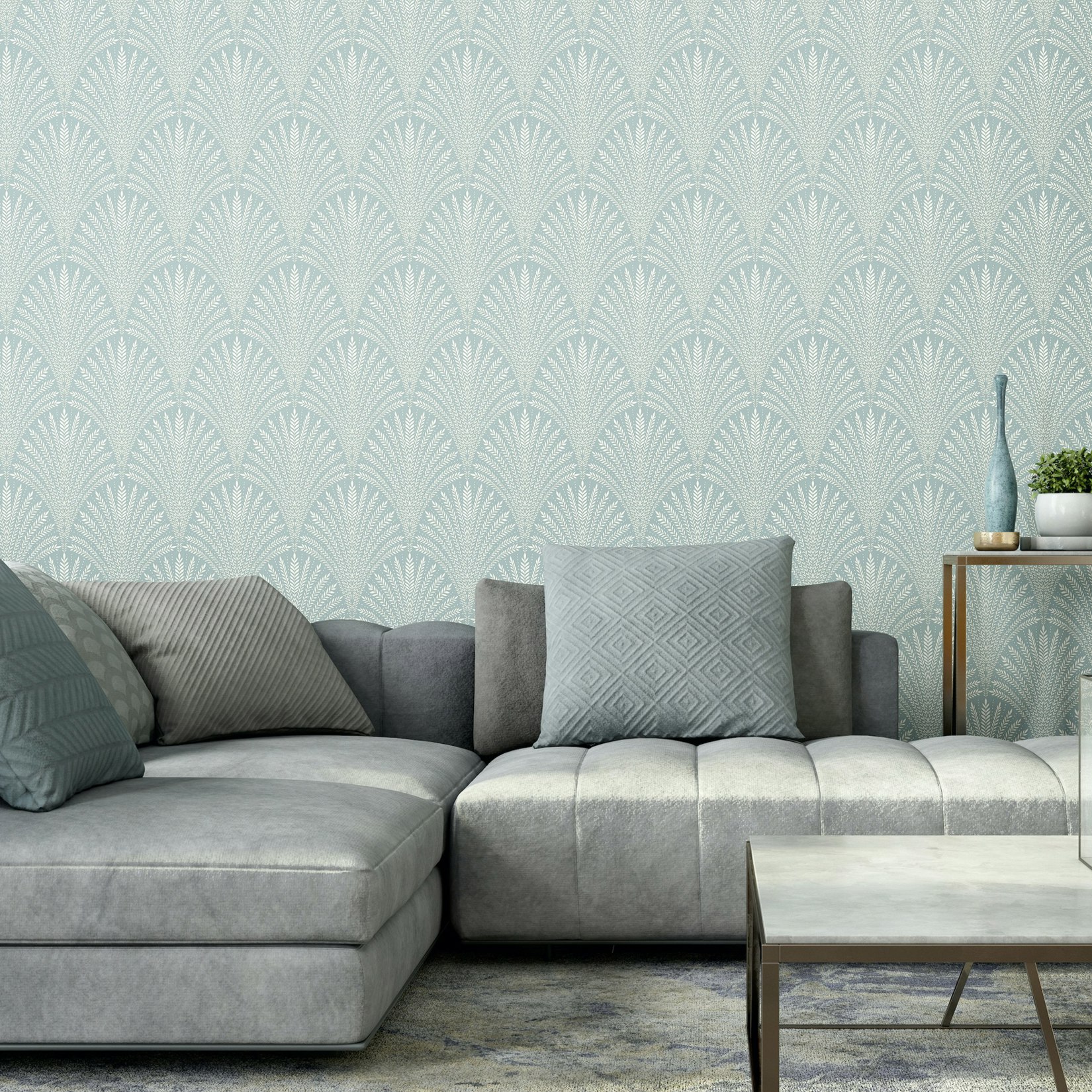 Hoopla Walls Blue Leaf Fan - Duck Egg 10M Wallpaper - Duck Egg
