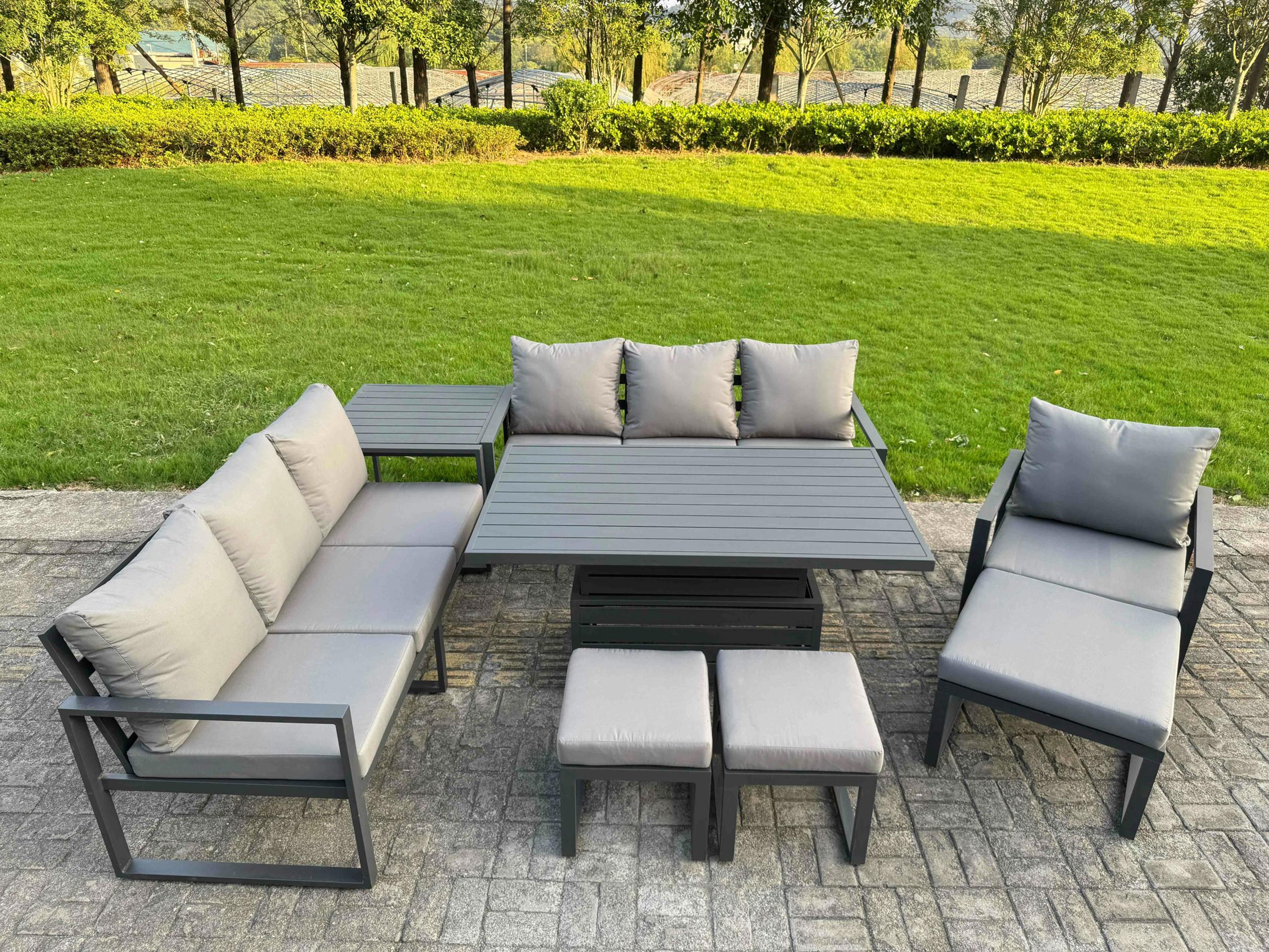 Fimous Dark/Grey 10 Seater Aluminium Garden Furniture Set With Adjustable Rising Dining Table, 3 Footstools, Side Table