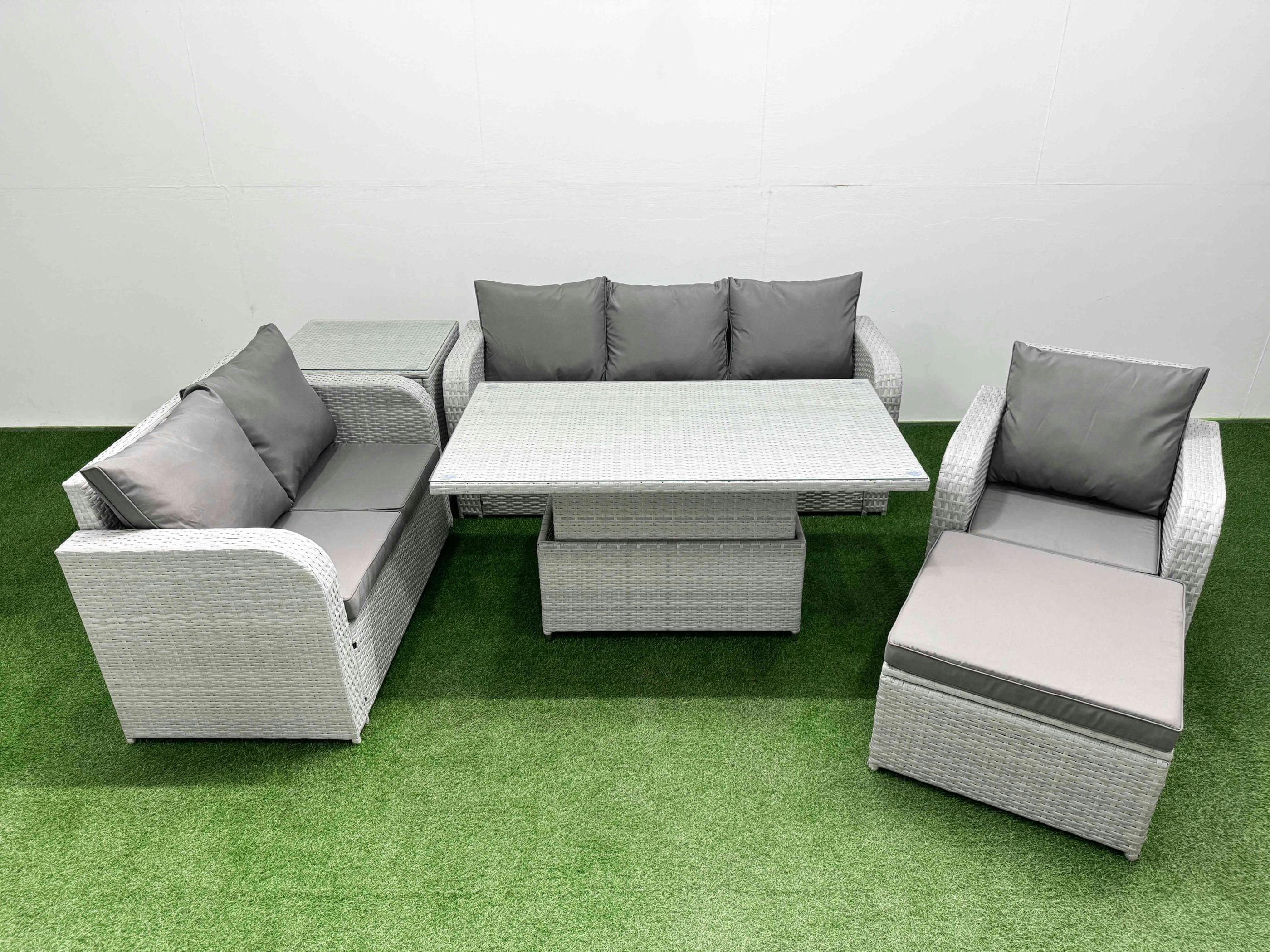 Rackhams Light/Grey 7 Seater Rattan Outdoor Furniture Set, Adj Height Table, Reclining Chair, Loveseat, 3 Seater Sofa, Big Footstool & Side Table,