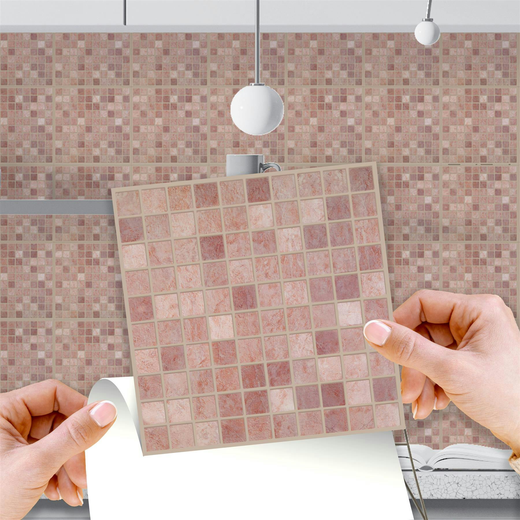 WALPLUS Vintage Pink Marble Mosaic Tile Stickers 15 x 15 cm, 24 PCS Peel and Stick Self Adhesive Wall Tiles, Waterproof Kitchen Bathroom Splashback Decals - Image 3