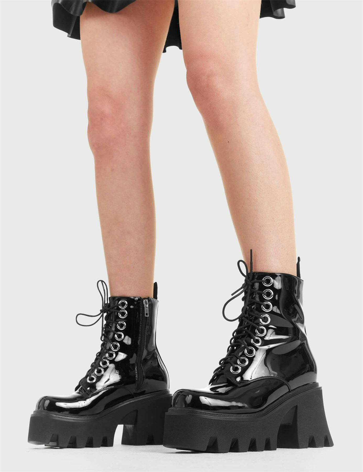 Lamoda Women's Black Run To You Chunky Platform Ankle Boots Pat, Trendy Heel Boots - Uk 5