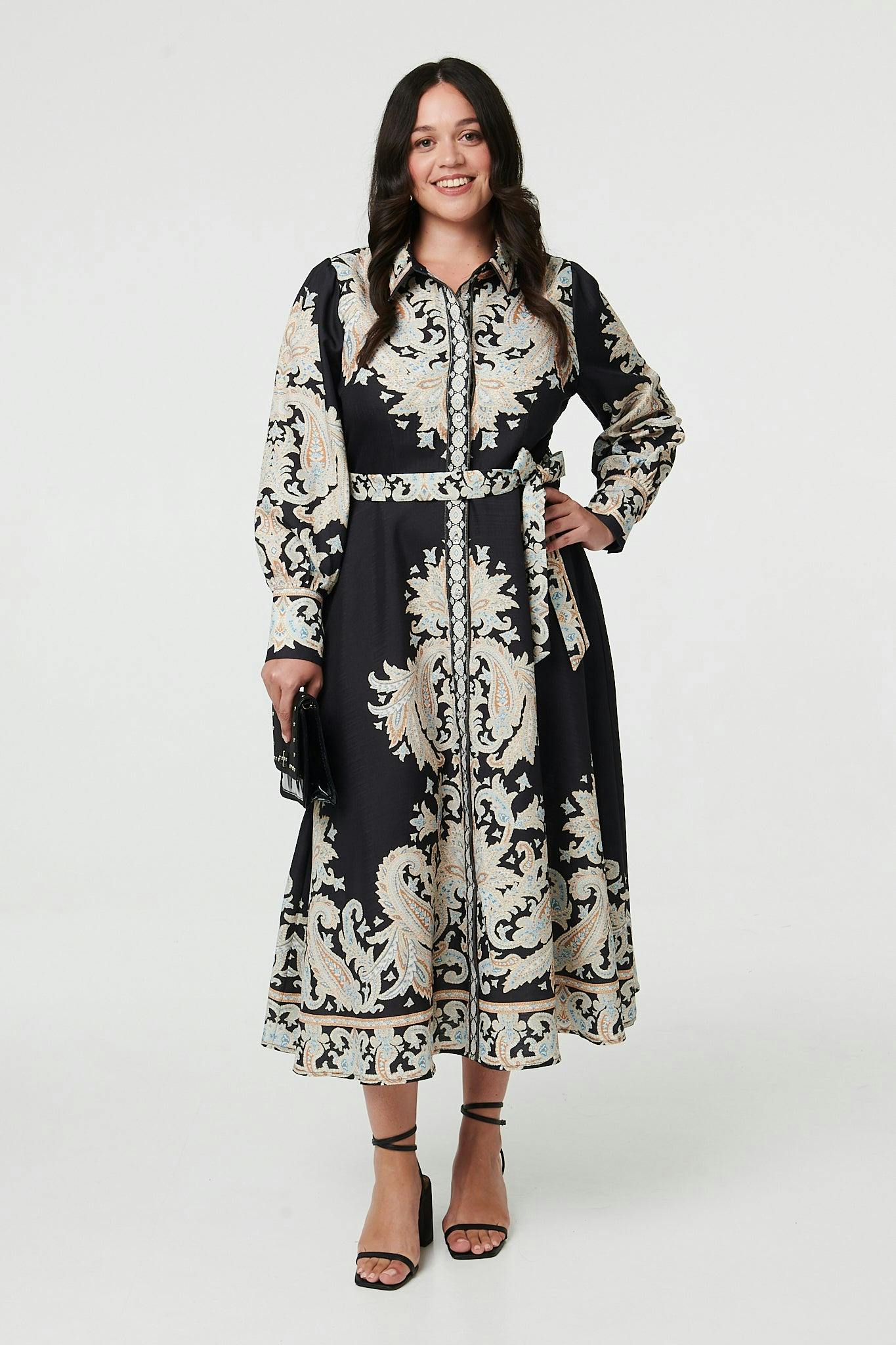 Izabel London Black Curve Floral Border Tie Waist Midi Dress - 20