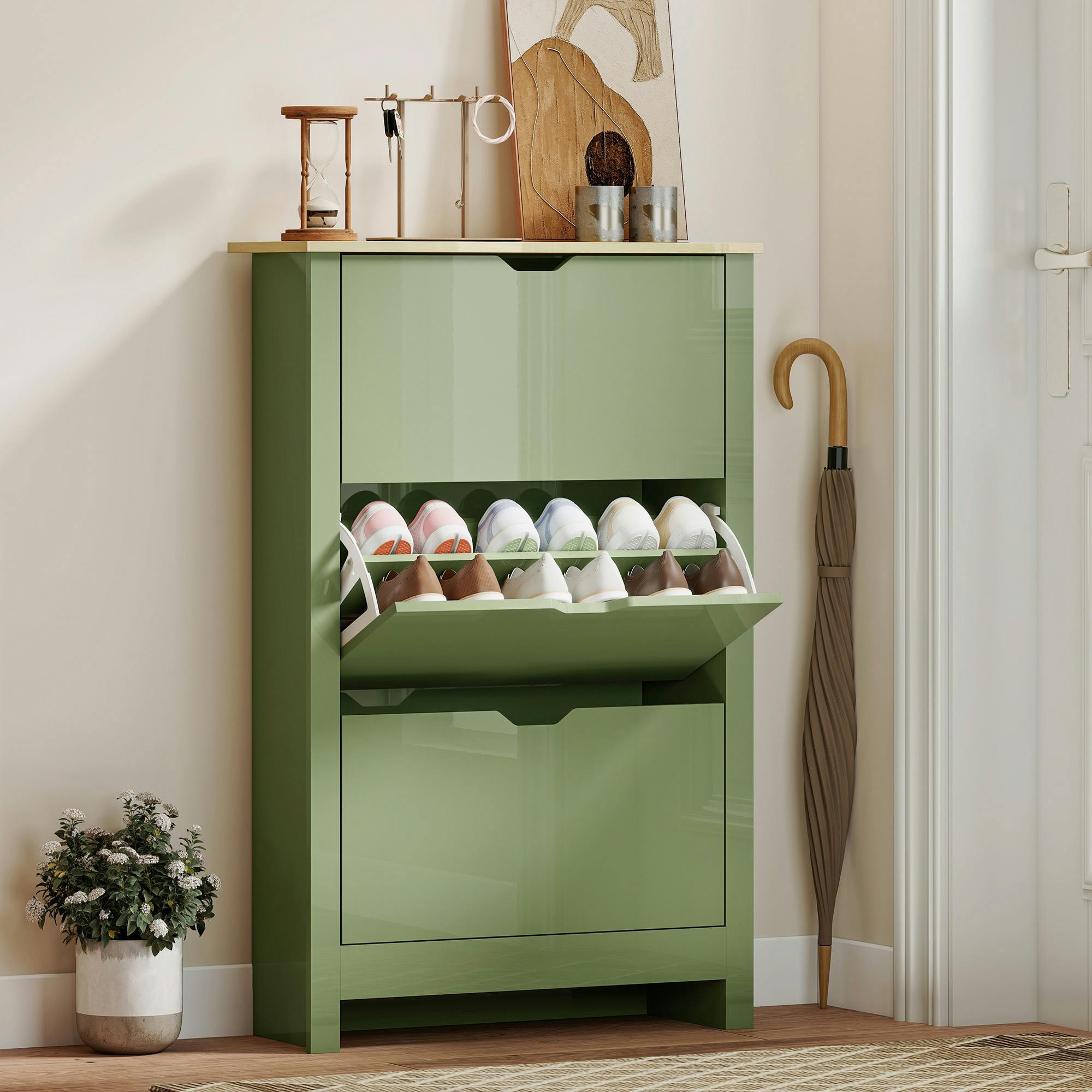 Rackhams Green 18-Shoe Storage Cabinet 6 Shelves 3 Drawers Tabletop - High Gloss
