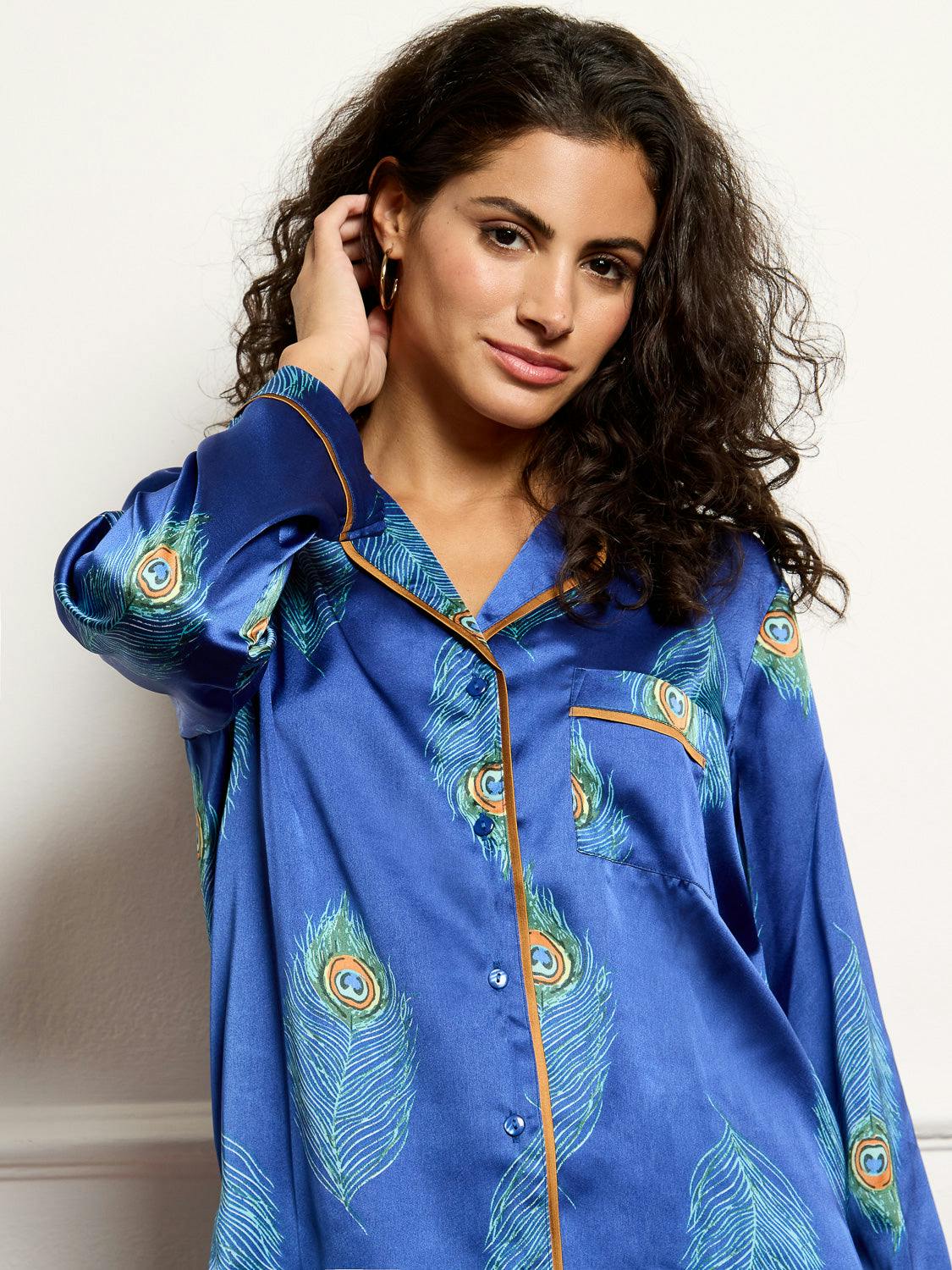Their Nibs Women's Blue Satin Traditional Pyjamas Navy Peacock Feather - Xxl / 20-22