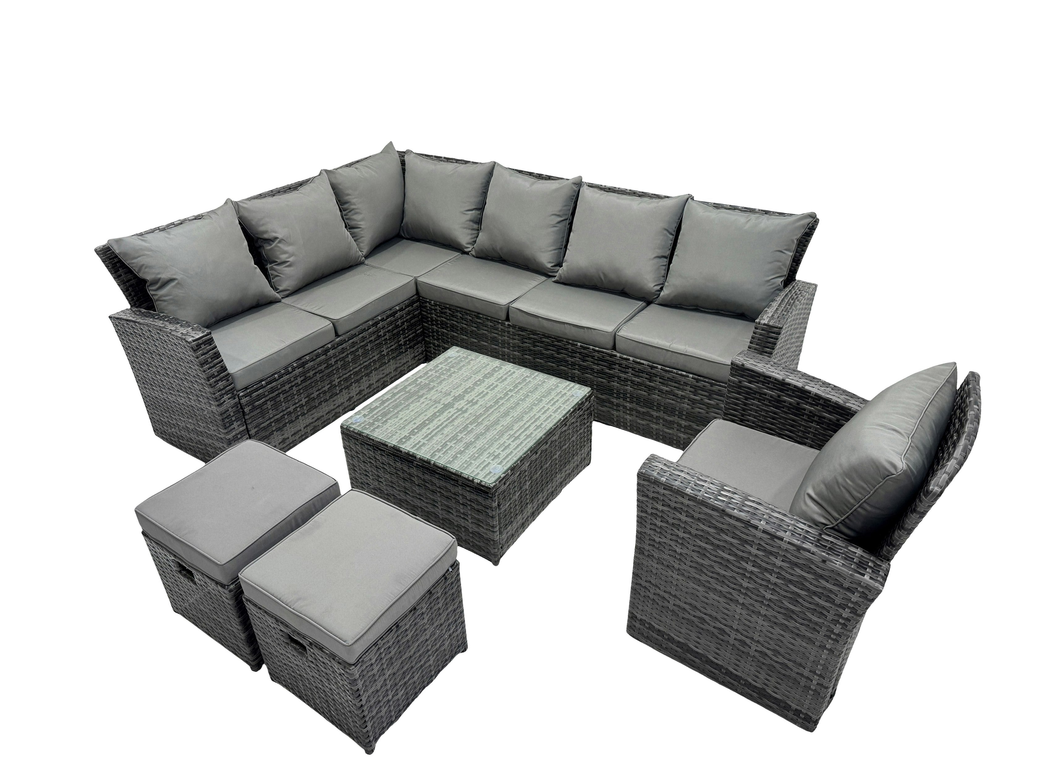 Fimous 9 Seater High Back Rattan Garden Furniture Set Corner Sofa With Square Coffee Table Footstool With Chair