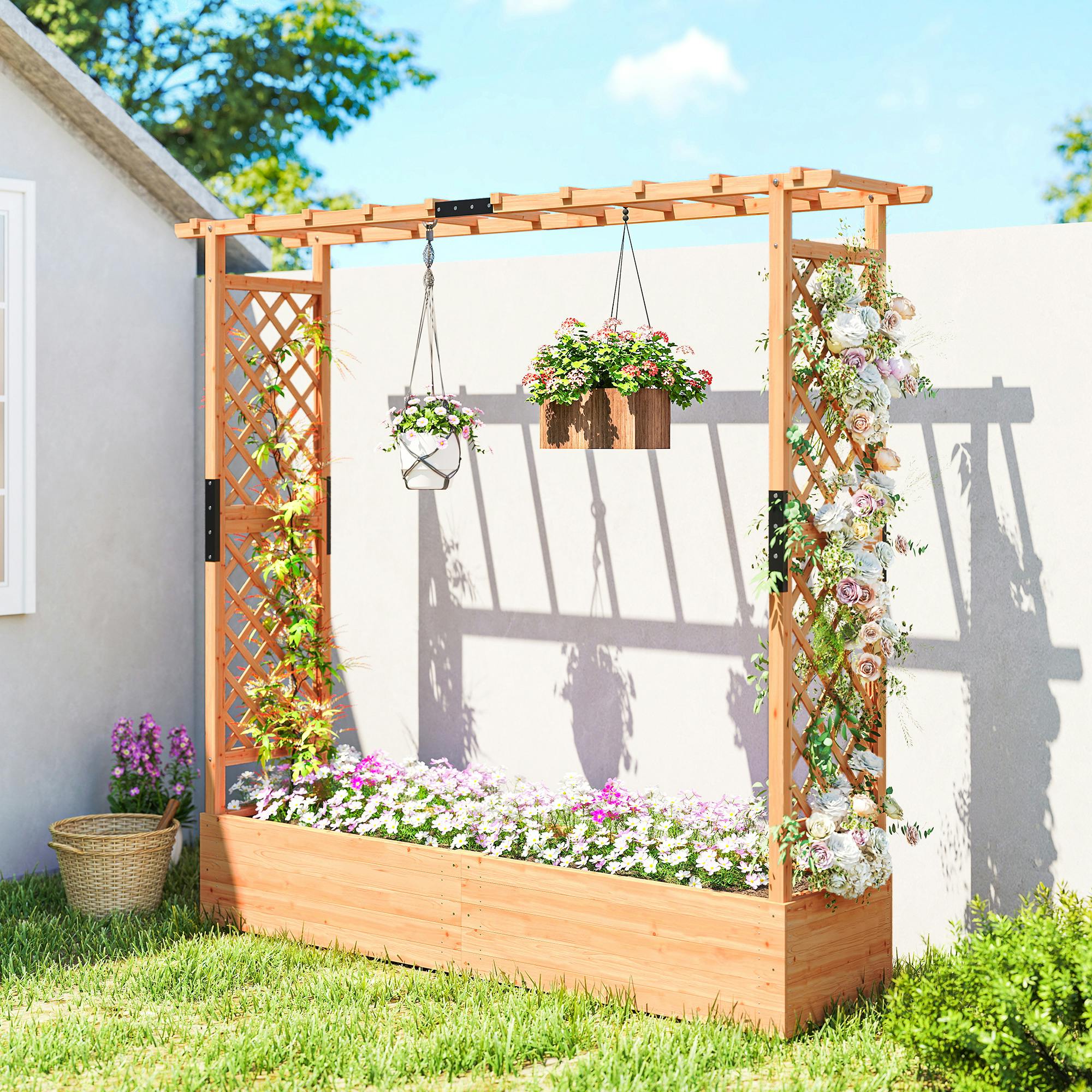 Outsunny Raised Bed For Garden With Trellis, 196 X 44 X 181 Cm, Natural