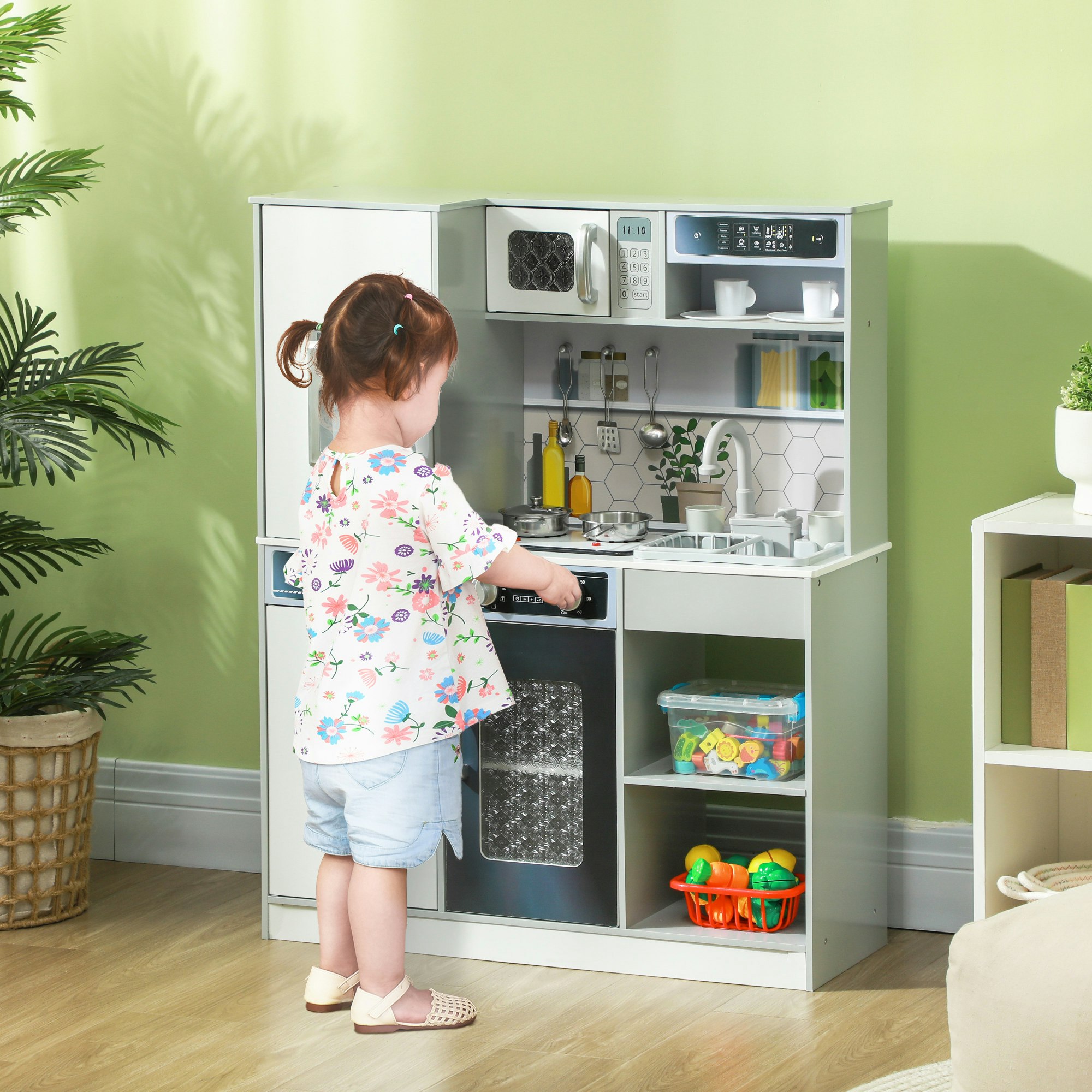 Aiyaplay White Play Kitchen, Pretend Toy Kitchen W/ Sounds, Lights, Microwave - 80L X 29.7W X 100.9Hcm - Play Kitchen