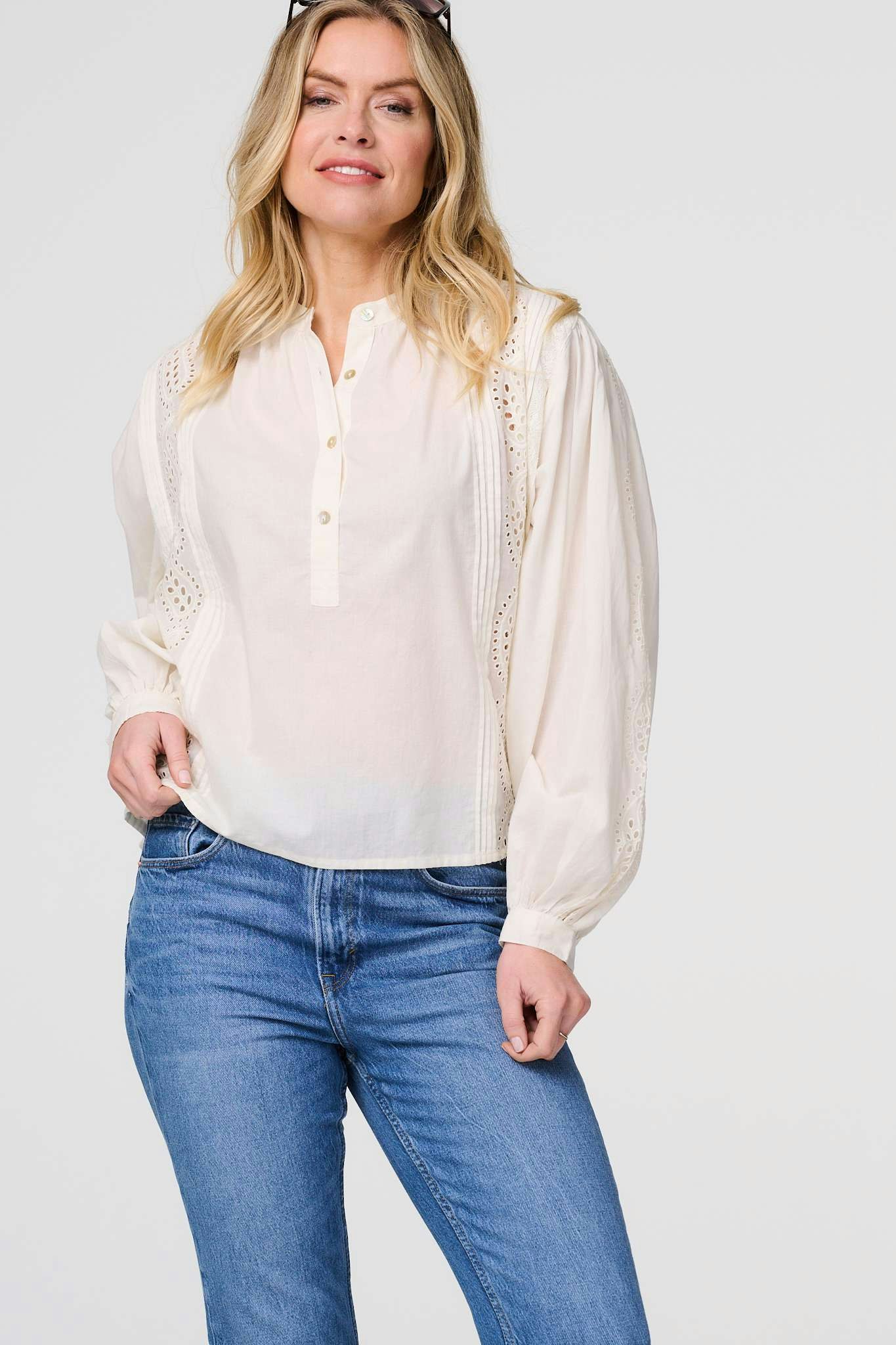 Izabel London White Broderie Anglaise Puff Sleeve Blouse - S