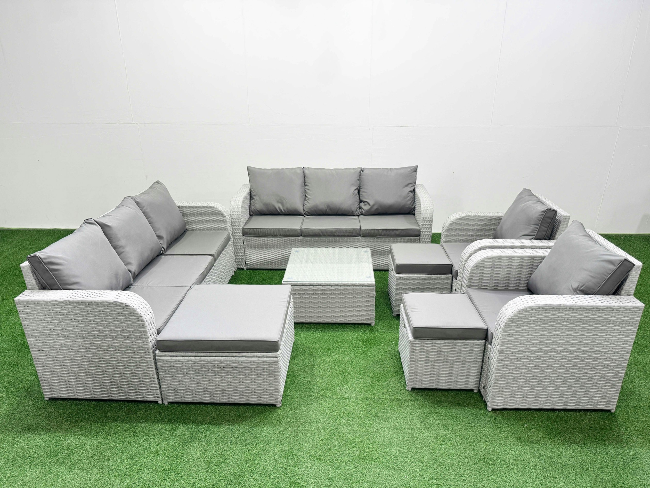 Rackhams Light/Grey Pe Rattan High Back Lounge Sofa Set Patio Square Coffee Table & Chairs Set With 3 Seater Sofa Reclining Chair 3 Stools