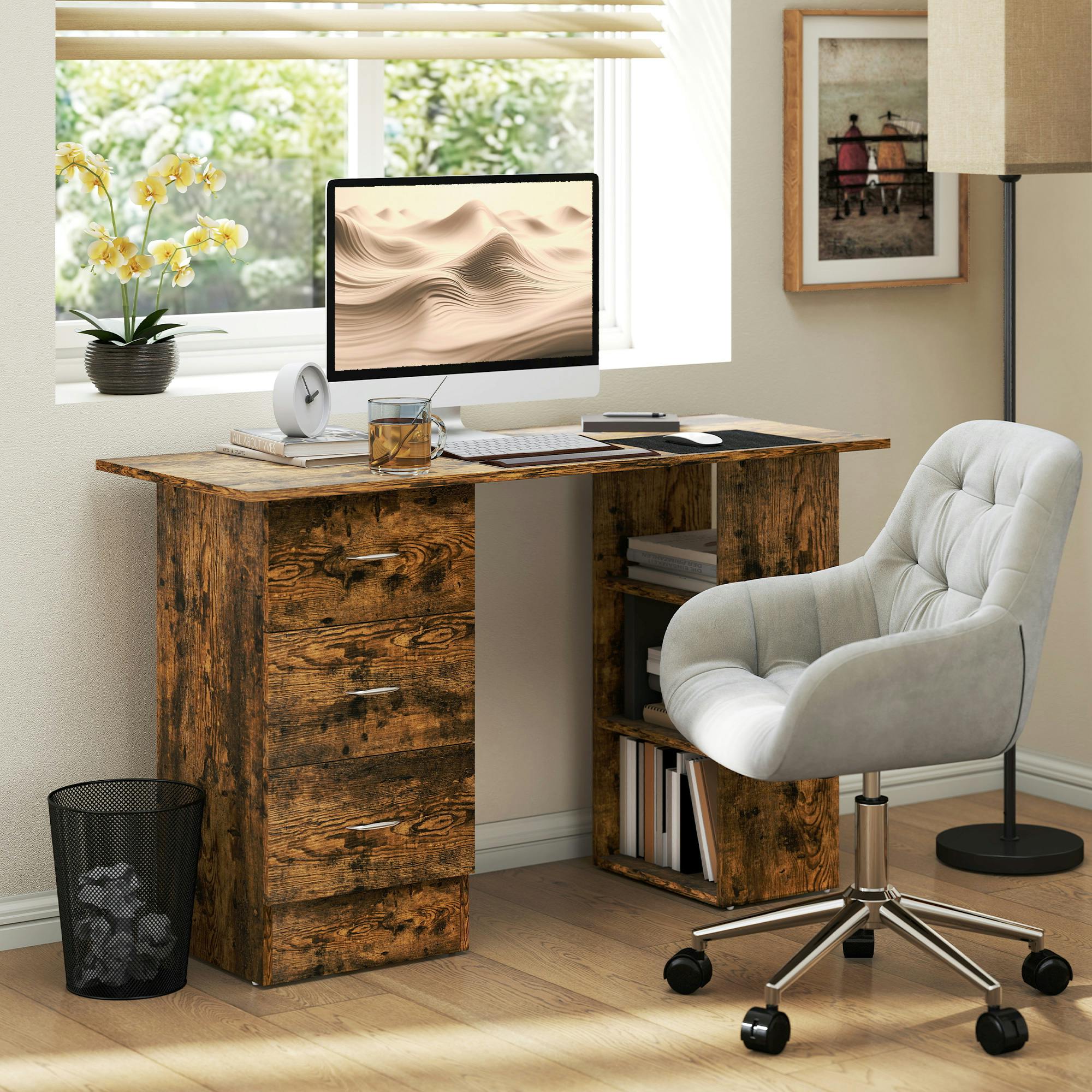 Rackhams Grey/Brown 120Cm Computer Desk, Study Table With 3 Shelf & Drawers,