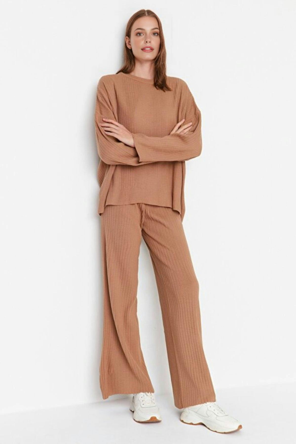 Wovcor 2-Piece Loose Fit Basic Ribbed Knit Top & Pants Set - Camel - S