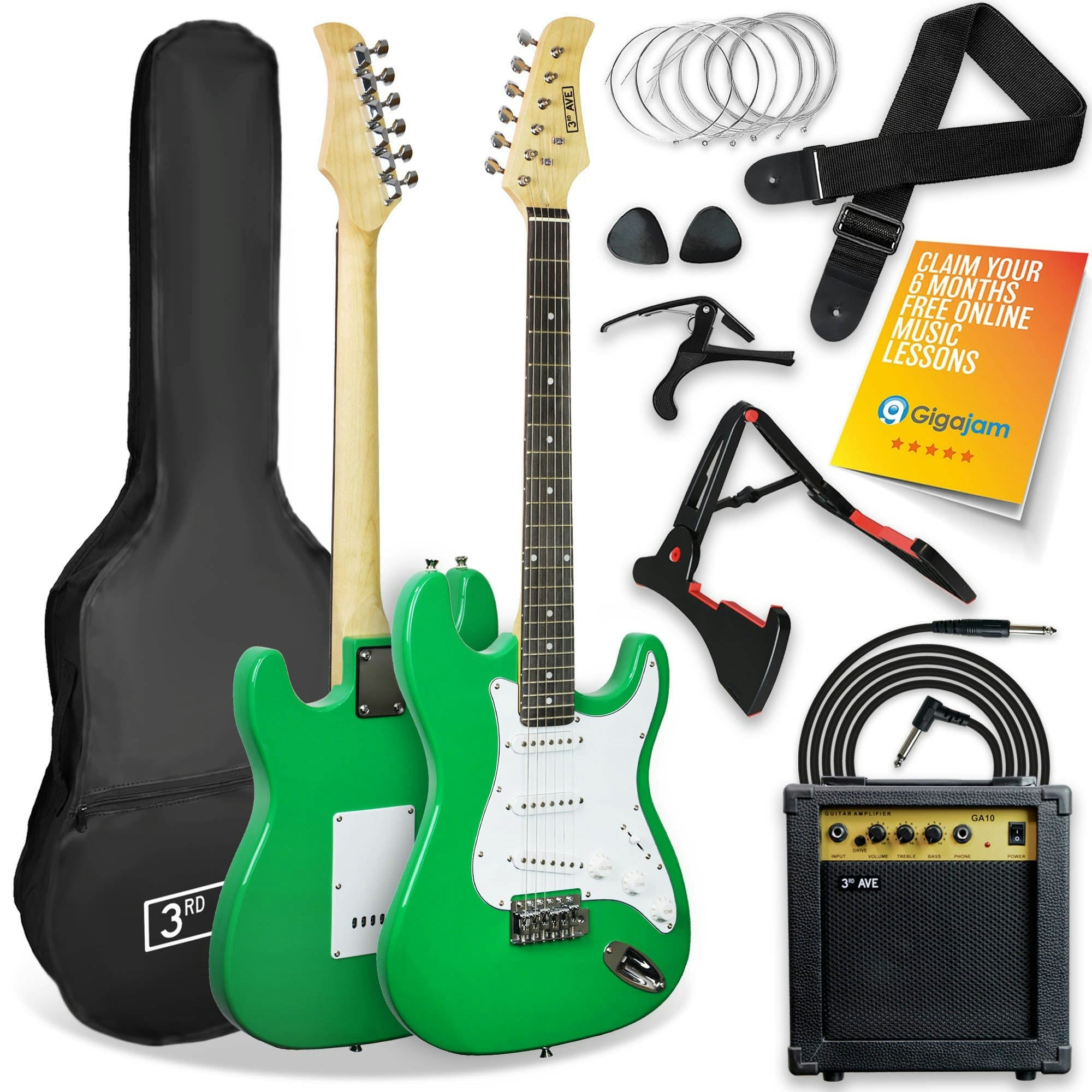3rd Avenue Green Full Size Electric Guitar Starter Pack - Electric Guitar, 22-Fret, 3 Single-Coil Pickups, Whammy Bar, Includes Amp, Gigbag, Accessories - Image 4