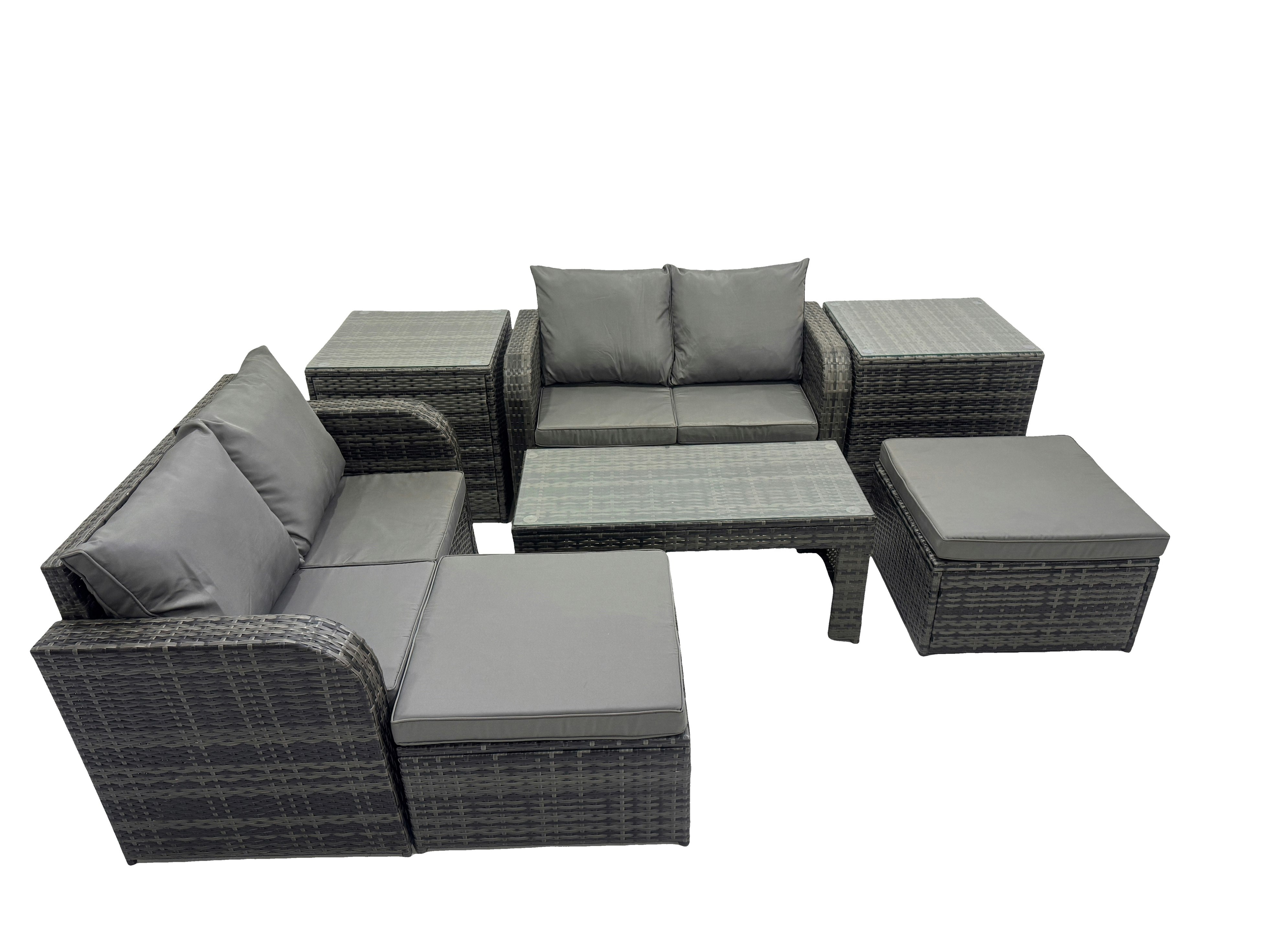Rackhams Dark/Grey 3 Seater Sofa Reclining Chair Coffee Table Set Rattan Garden Outdoor Furniture Set With 2 Side Tables 2 Big Stools Mixed